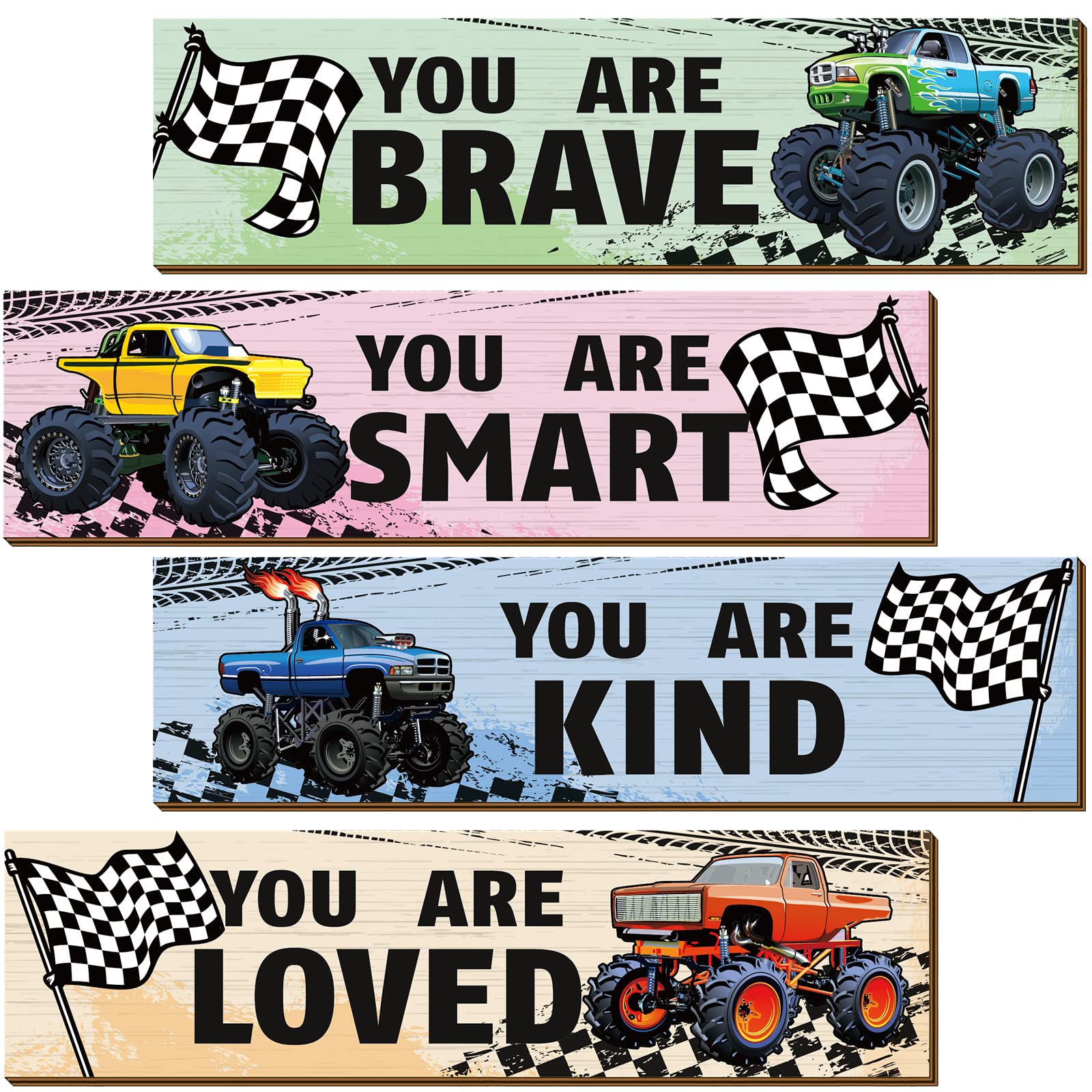 Geetery 4 Pcs Truck Bedroom for Son Wall Decor Construction Trucks Room Decor Inspirational Racing Car Wooden Hanging Sign Motiv