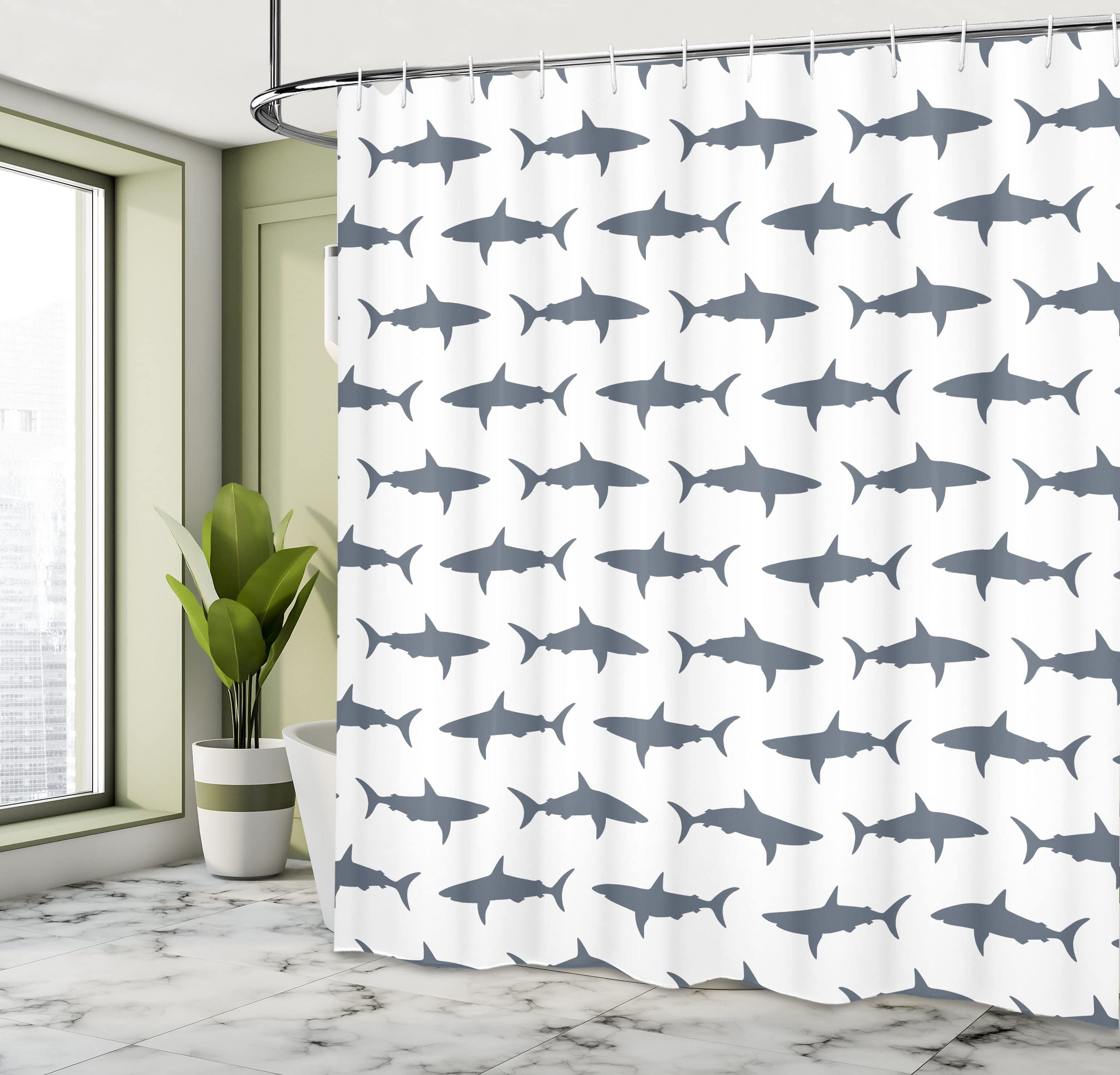 Fish Shower Curtain Set Sea Animals Decor, Sharks Swimming Silhouettes Traveler Powerful Danger Design Pattern, Bathroom Accesso