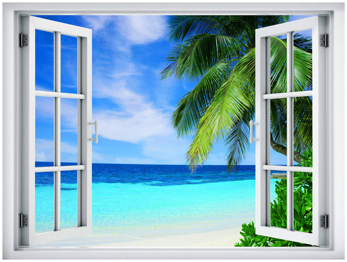 Wall26 Removable Wall Sticker/Wall Mural Window View Vibrant Neon Blue Teal Tropical Ocean Beach Nature Wilderness Photography R