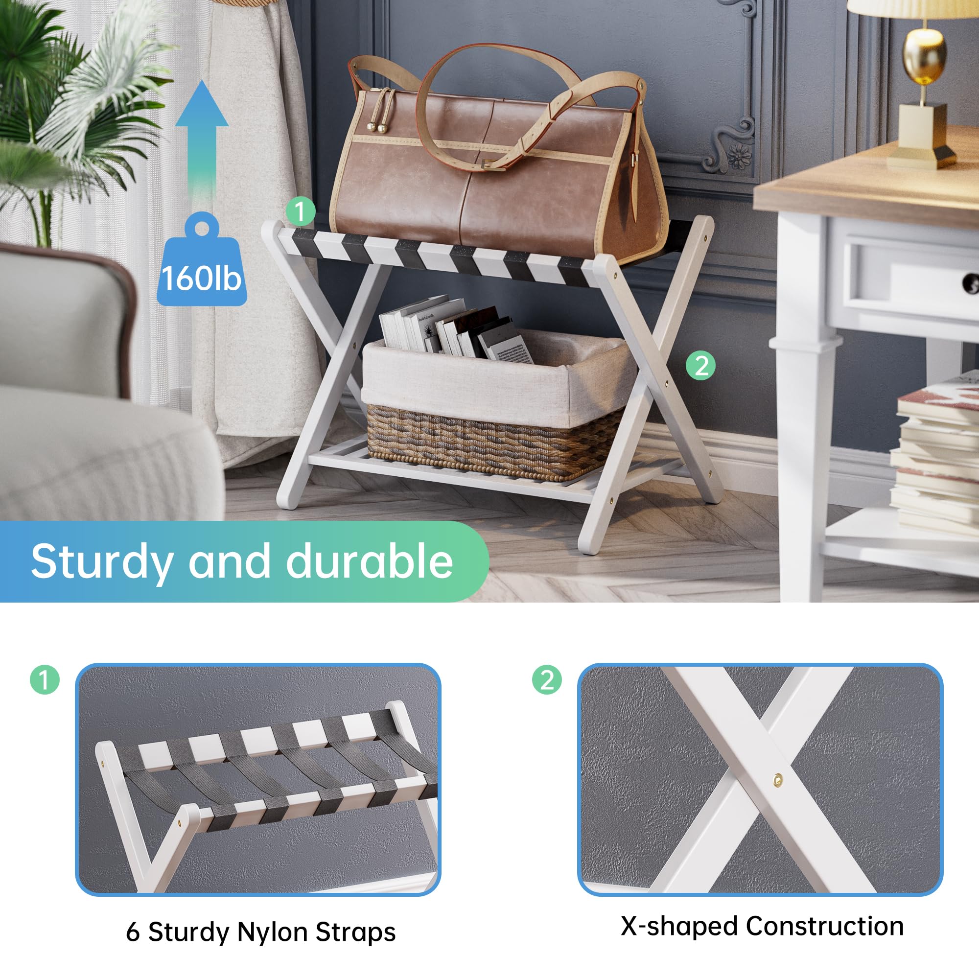 Smibuy Luggage Rack, Foldable Bamboo Suitcase Stand With Storage Shelf For Guest Room, Bedroom, Hotel, Heavy-Duty, 1 Pack (White