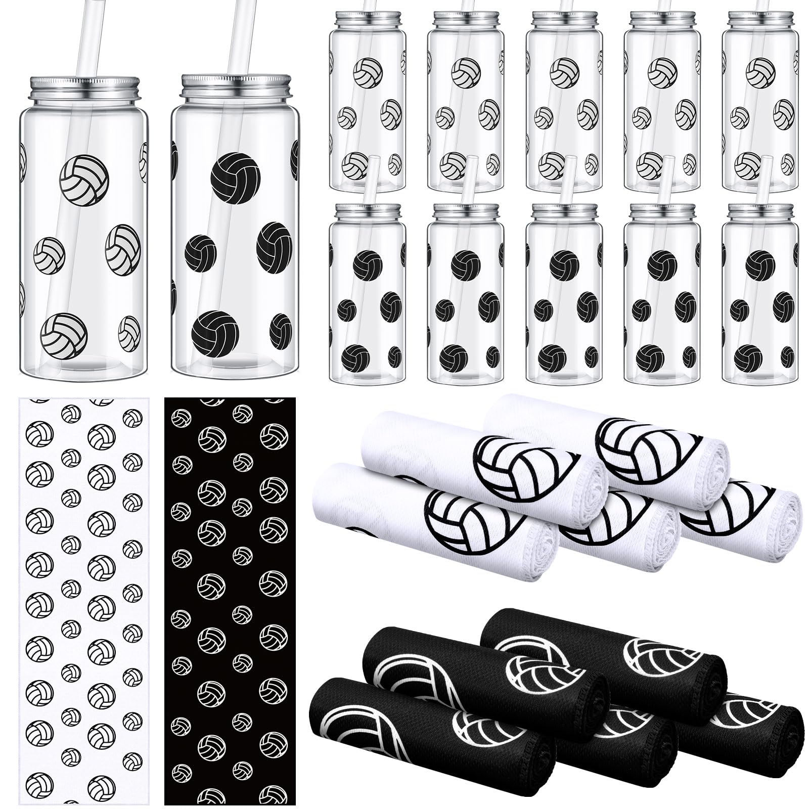 SmoothNovelty 24 Pack Volleyball Party Favor Include 12 Volleyball Cooling Towels 12 Sport Plastic Cups with Straw and Lid Clear
