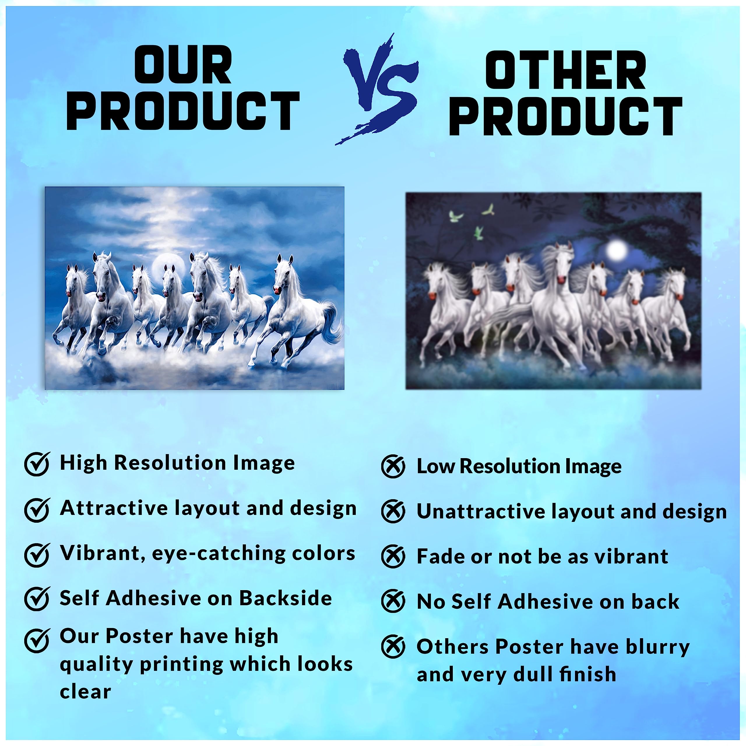 Clickedin Seven Lucky White Running Horses Painting with Blue Background According to Vastu Shastra Without frame Laminated High