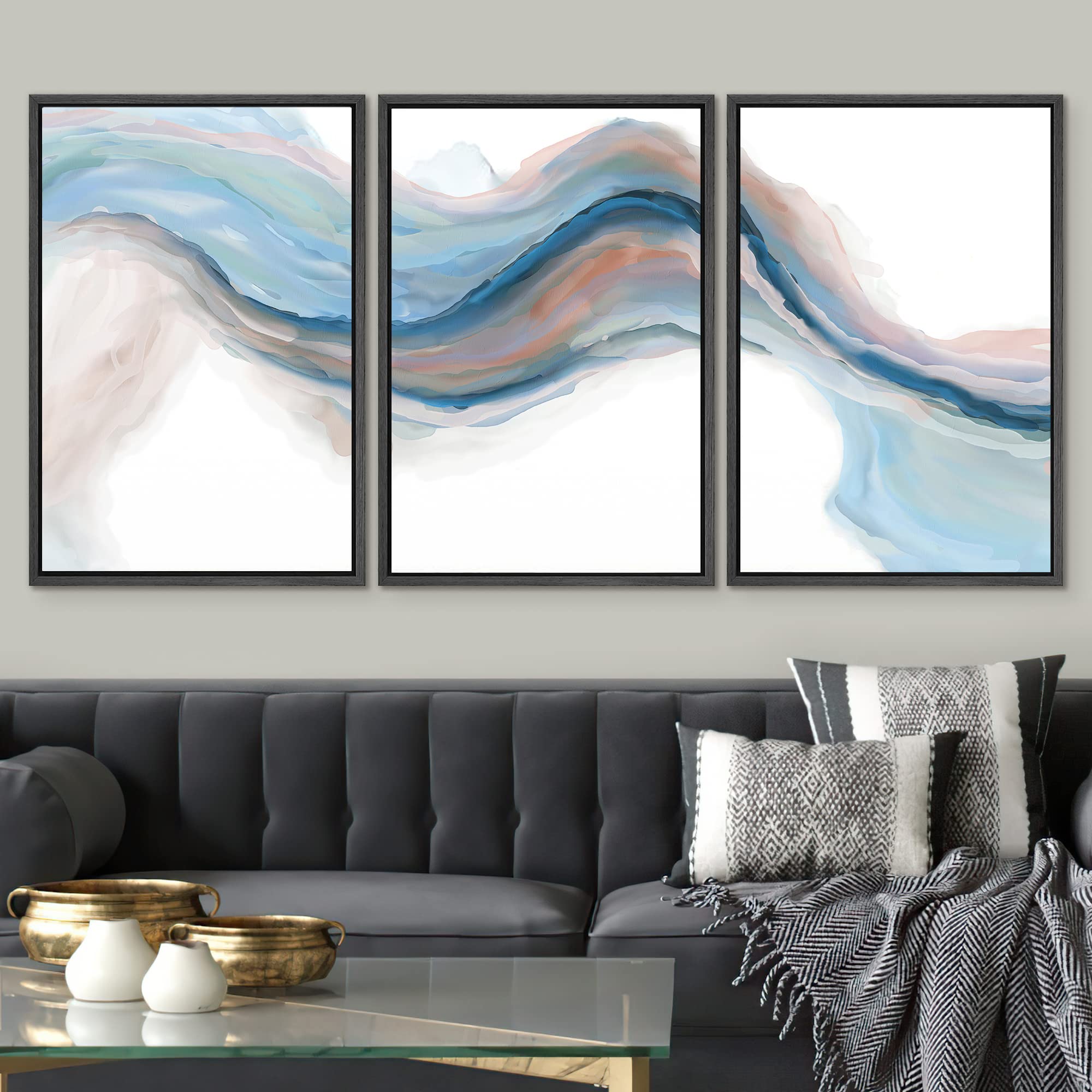 Signwin Framed Canvas Print Wall Art Set Blue Brown Pastel Watercolor Ink Wave Smoke Landscape Abstract Shapes Illustrations Mod