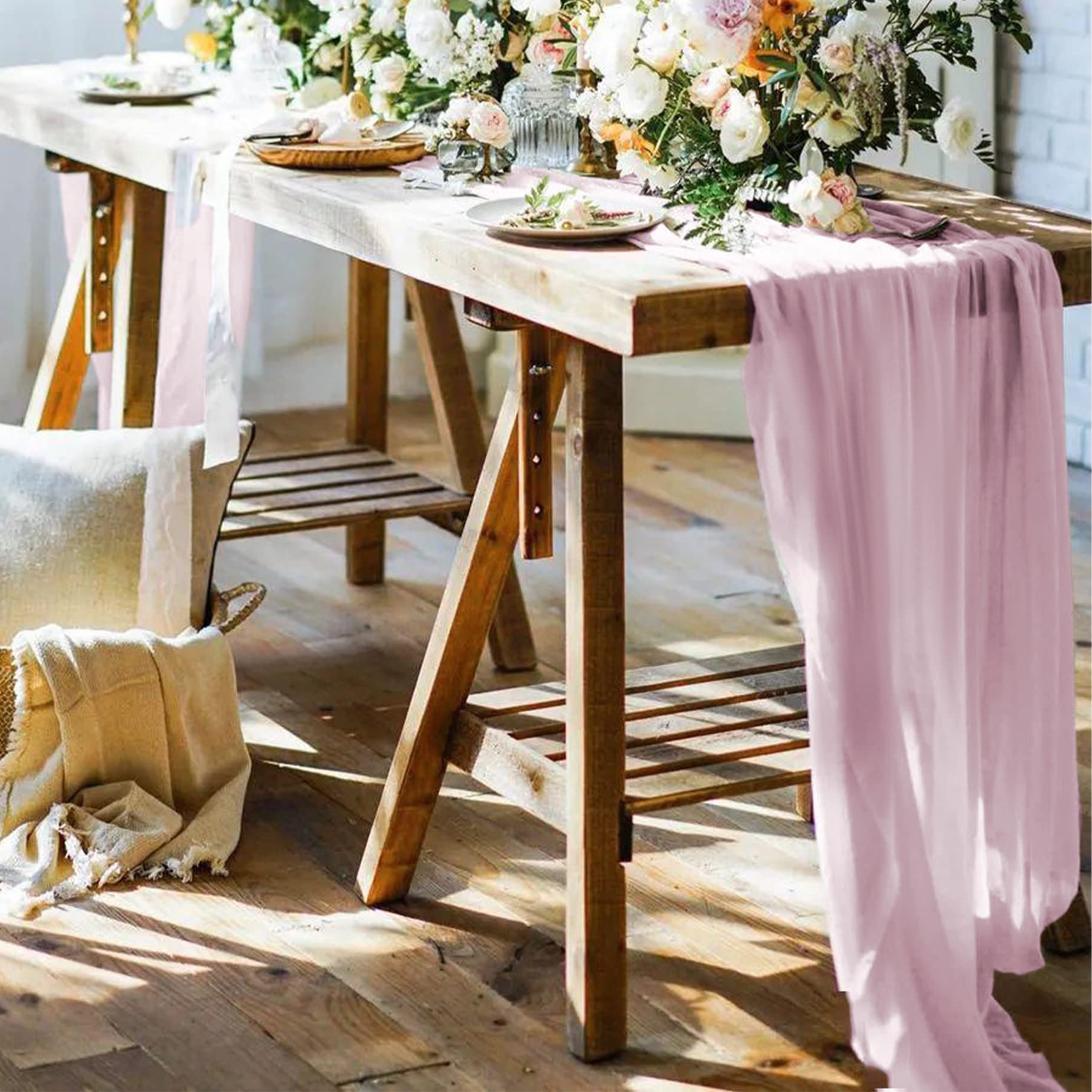 2 Pack Blush Cheesecloth Table Runners, 10Ft Baby Pink Gauze Table Runner Romantic Wedding Cheese Cloths Decor For Bridal Baby S