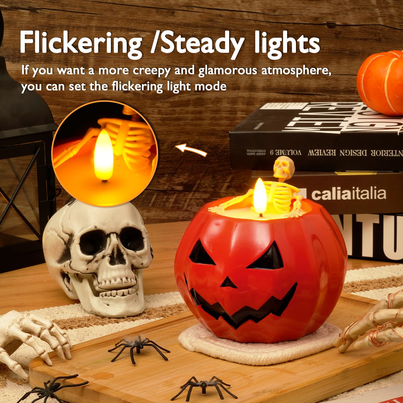 Halloween Decor-Flameless Pumpkin Candles, Real Wax Halloween Skeleton Candles, Flickering Battery Operated Candle with Remote f