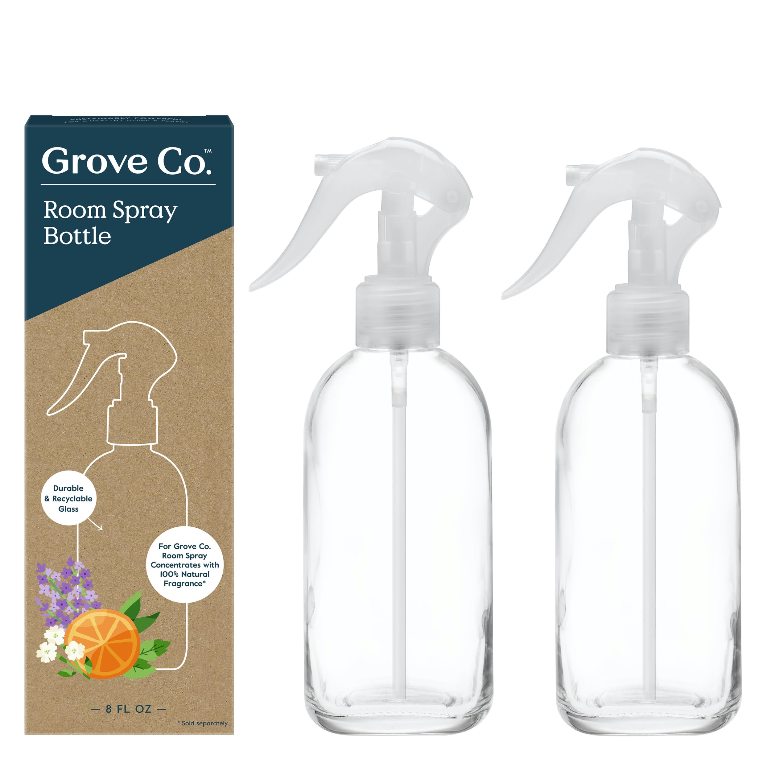Grove Co. Spray Bottle Set (2 Pack) Refillable 8 Oz Glass Spray Bottles For Room Spray Concentrates, Made Of Lead-Free, Partiall