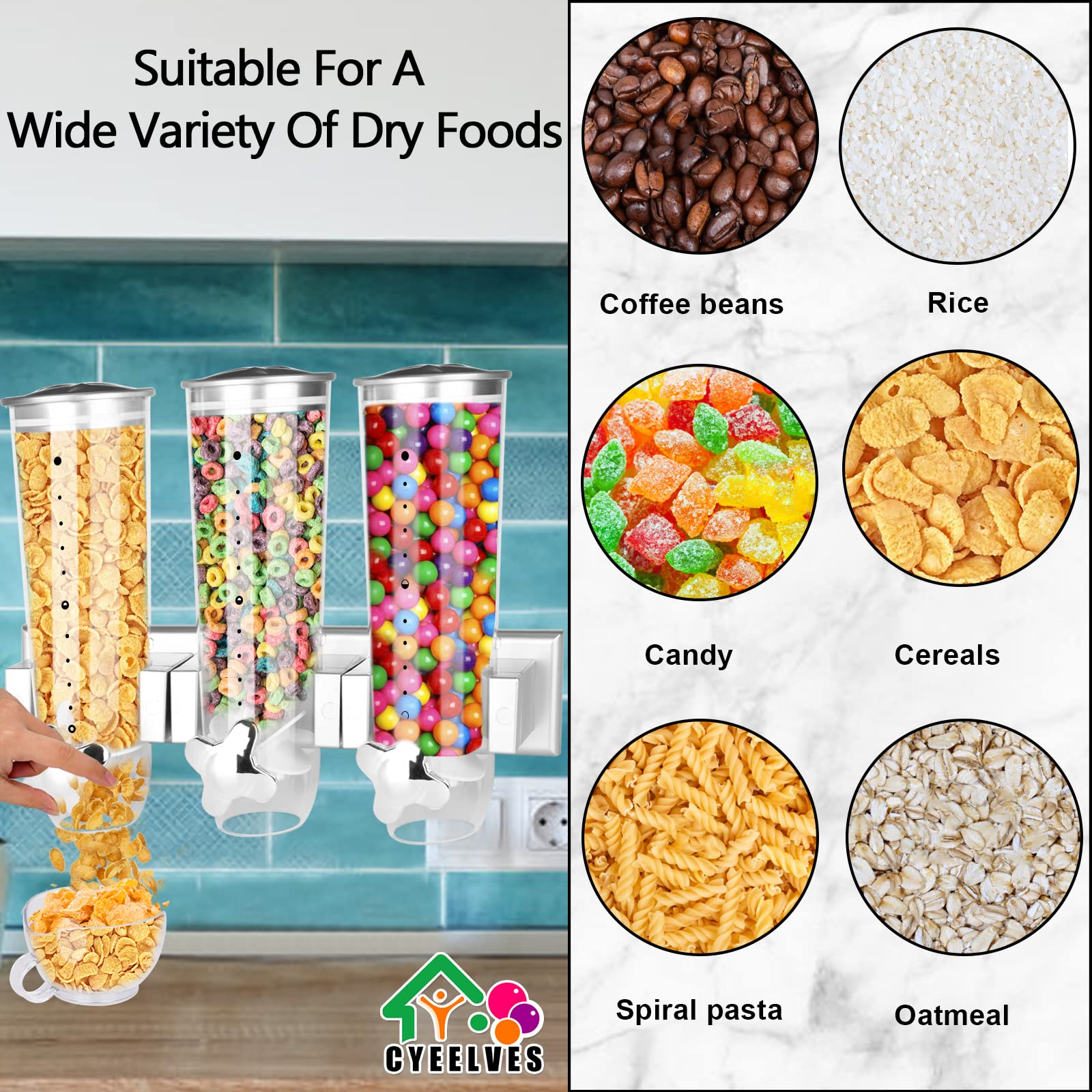 Food Dispenser Wall Mounted Grain Dispenser, Cereal Dispenser With Cup, Dry Food Dispenser Wall Mounted Triple Cereal Dispenser,