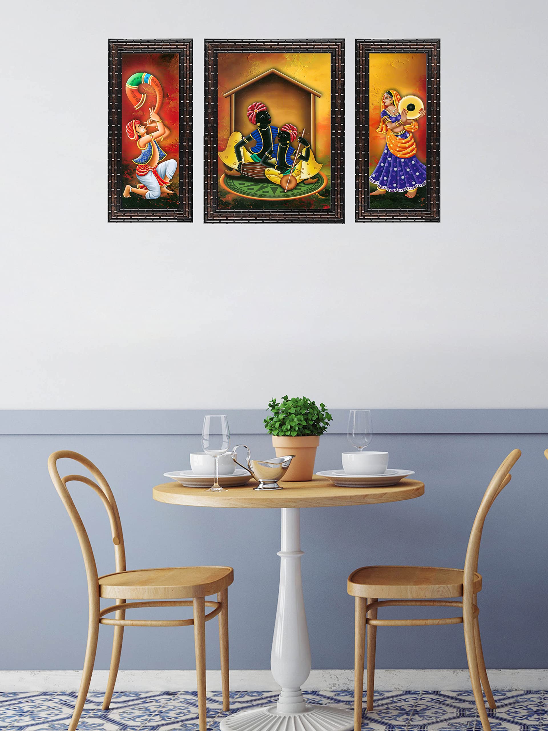 Indianara Rajasthani Folk Music And Dance Rectangular Synthetic Wood Art Painting (35 Cm X 28 Cm X 3 Cm, Set Of 3)