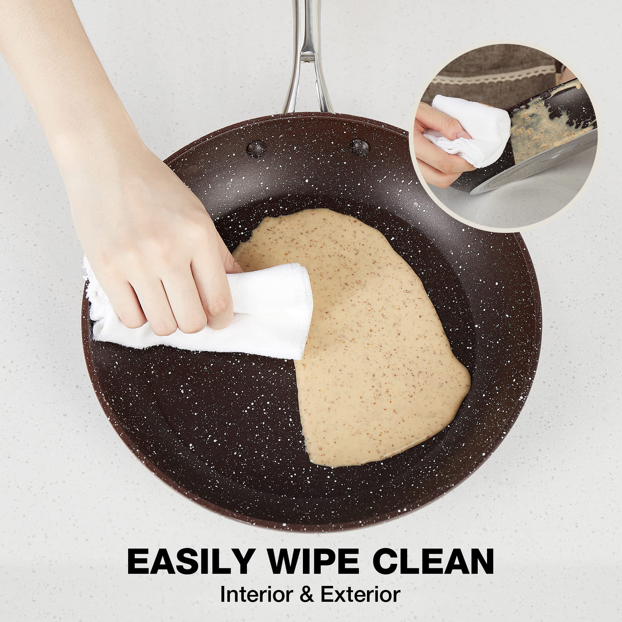 HLAFRG 12 Inch Nonstick Frying Pan with Lid  Brown Marble Skillet with Stone-Derived Coating  APEO & PFOA Free  With Heat-Resistant Handle  Oven Safe and Induction Compatible?