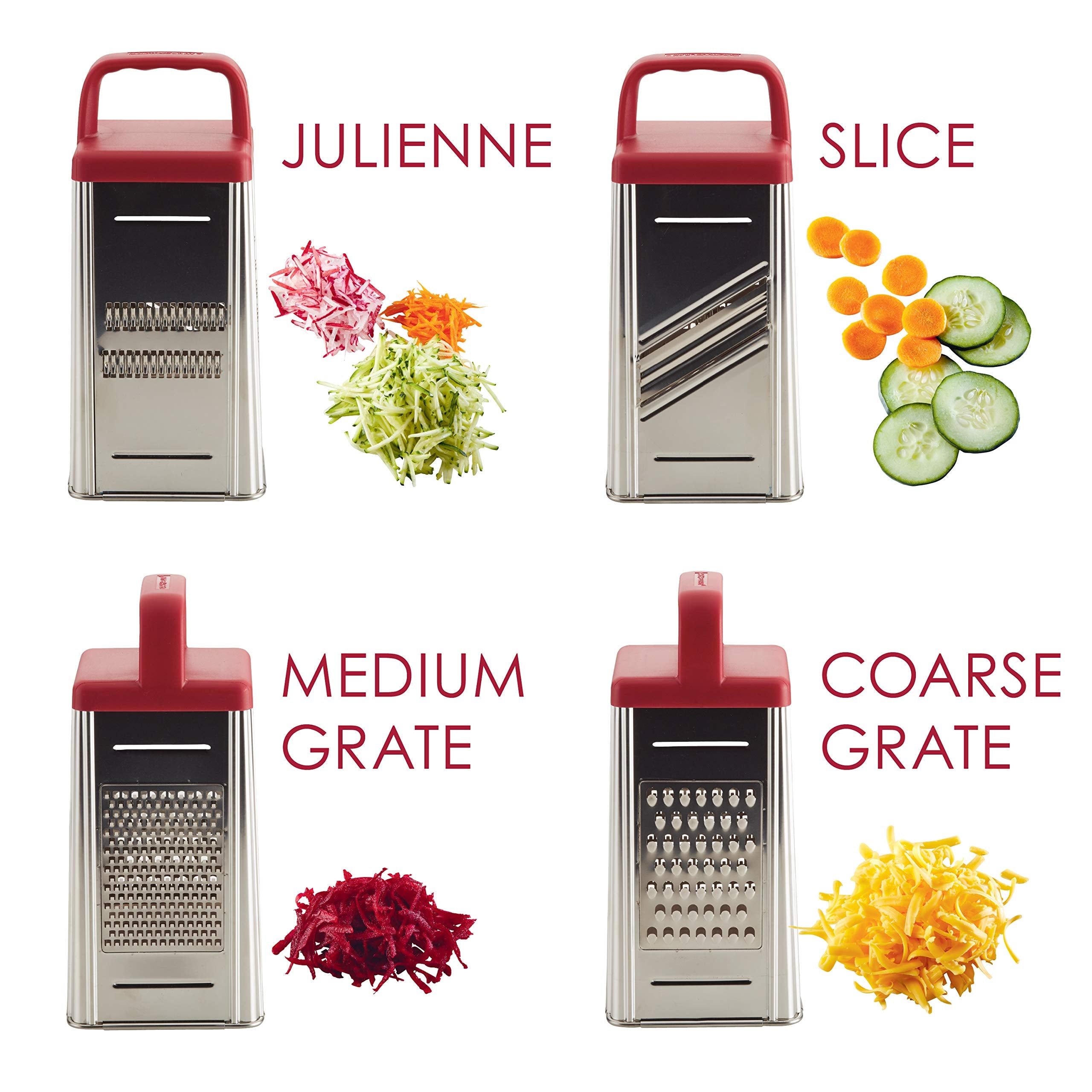 Rachael Ray Tools And Gadgets Stainless Steel Box Grater For Vegetables, Chocolate, Hard Cheeses, And More, Red(9.43 X 8.84 X 8.