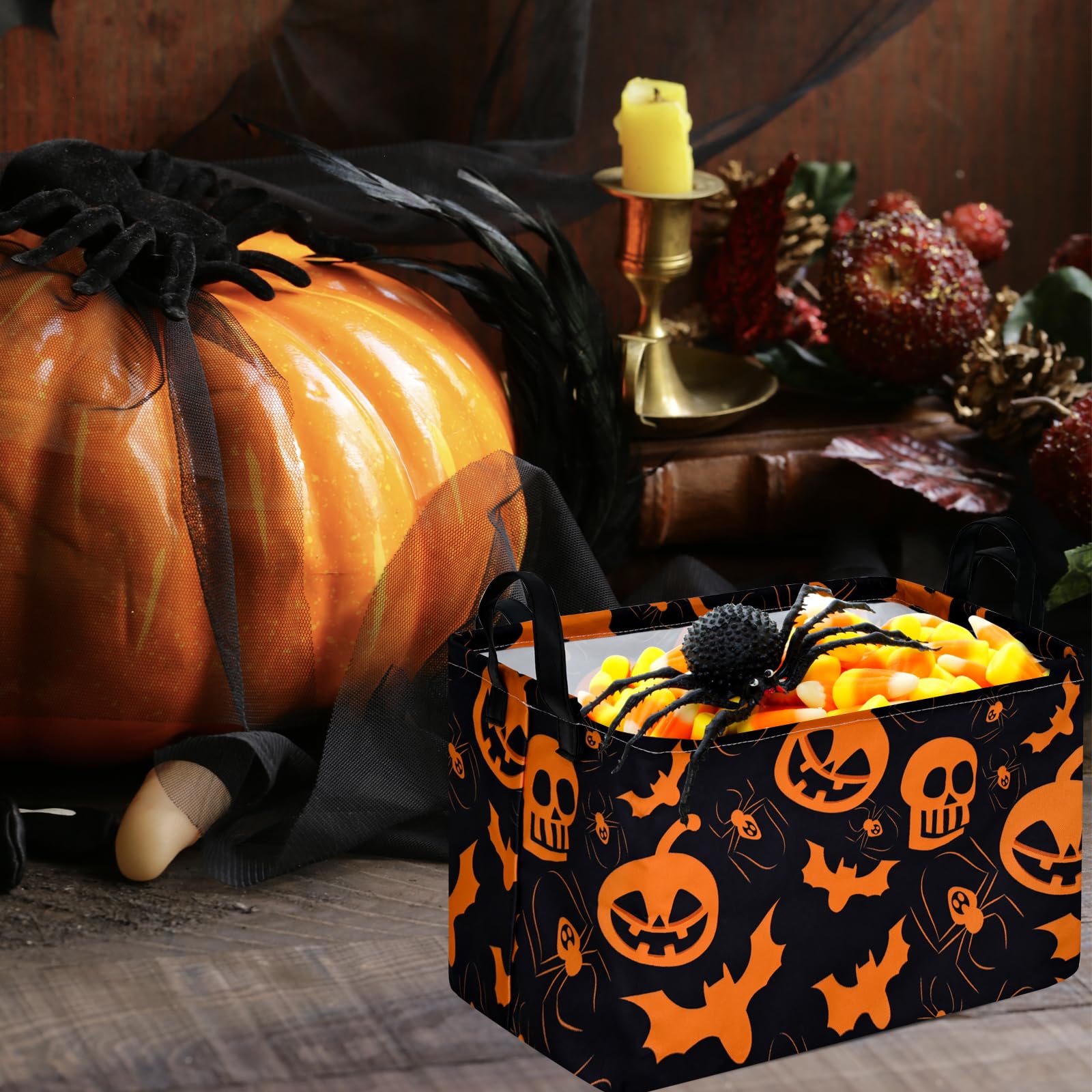 KUNRO Pumpkin Pattern Halloween Storage Gift Basket Canvas Storage Bins with Handles Rectangle Storage Cubes Organizer for Bedro