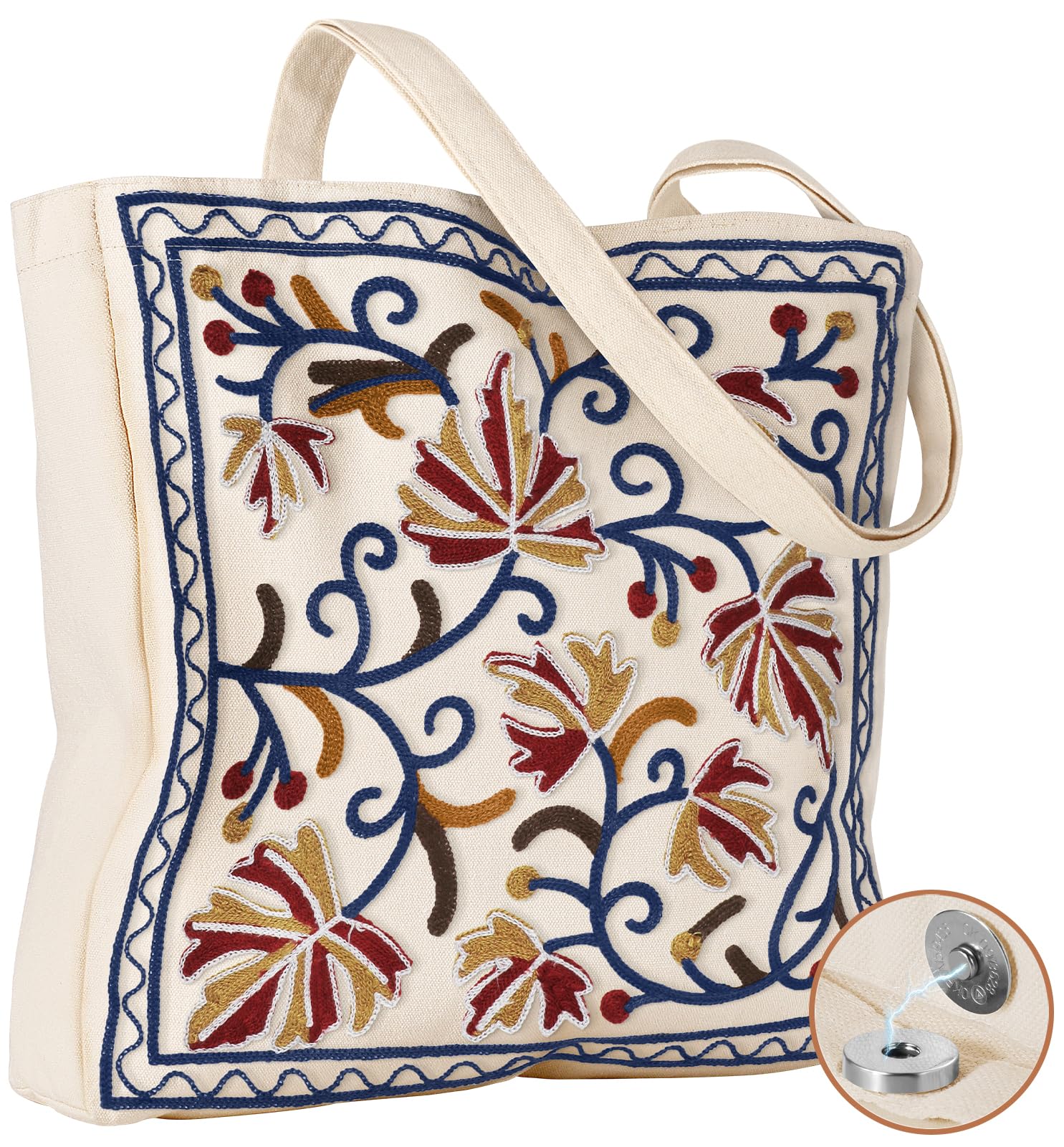 Miss Adola Aesthetic Embroidery Tote Bag for Women - Reusable Canvas Cloth Shoulder Bag with Cute 3d Brown Leaf Embroidered Desi