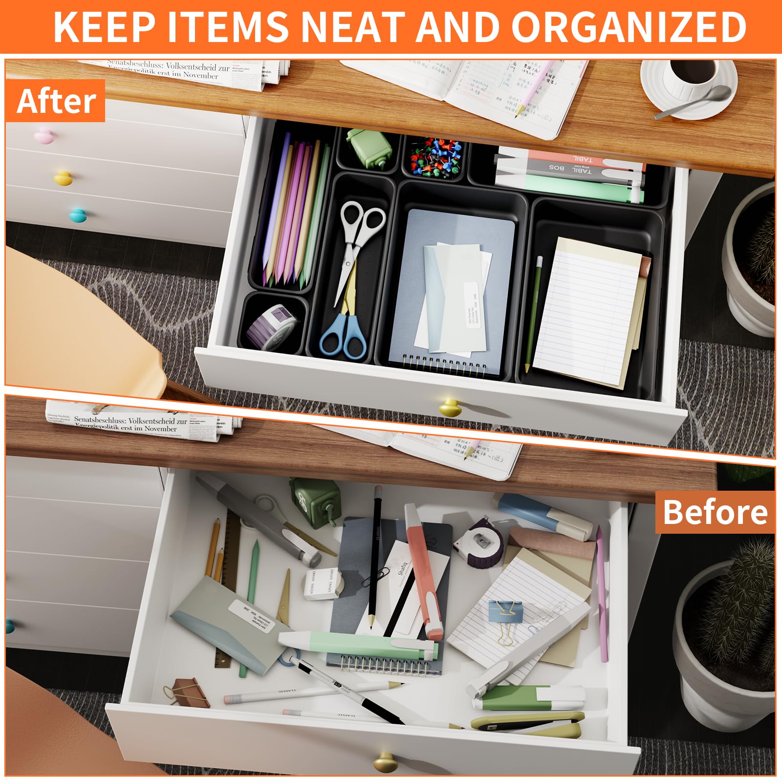 Giklux 45 Pack Desk Drawer Organizer Tray, 3 Sizes Plastic Drawers Organizer Storage for Kitchen, Bathroom, Office, Vanity, Make