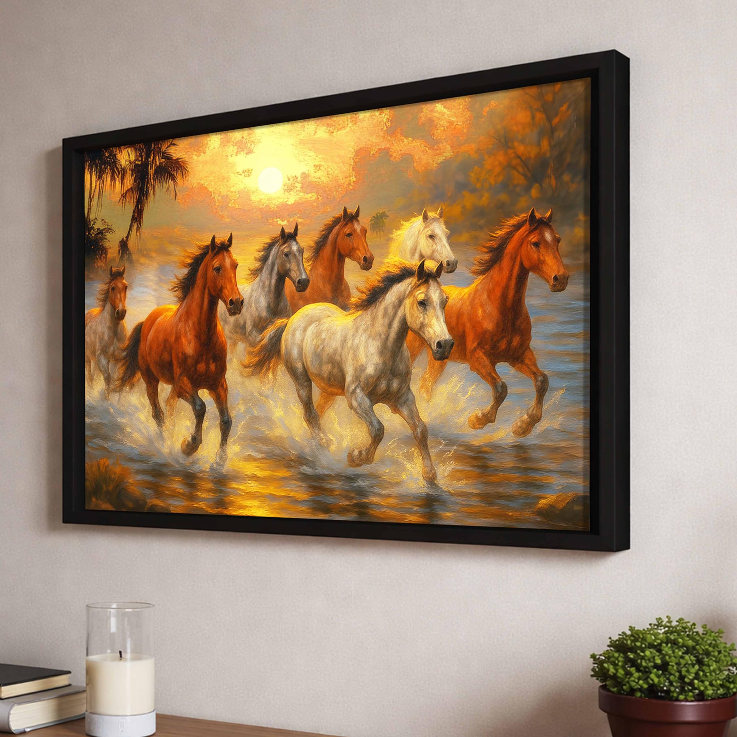 7 Running Horses Vastu Framed Wall Art Painting For Living Room| Seven Horse Painting With Frame Symbol Of Success & Positive En