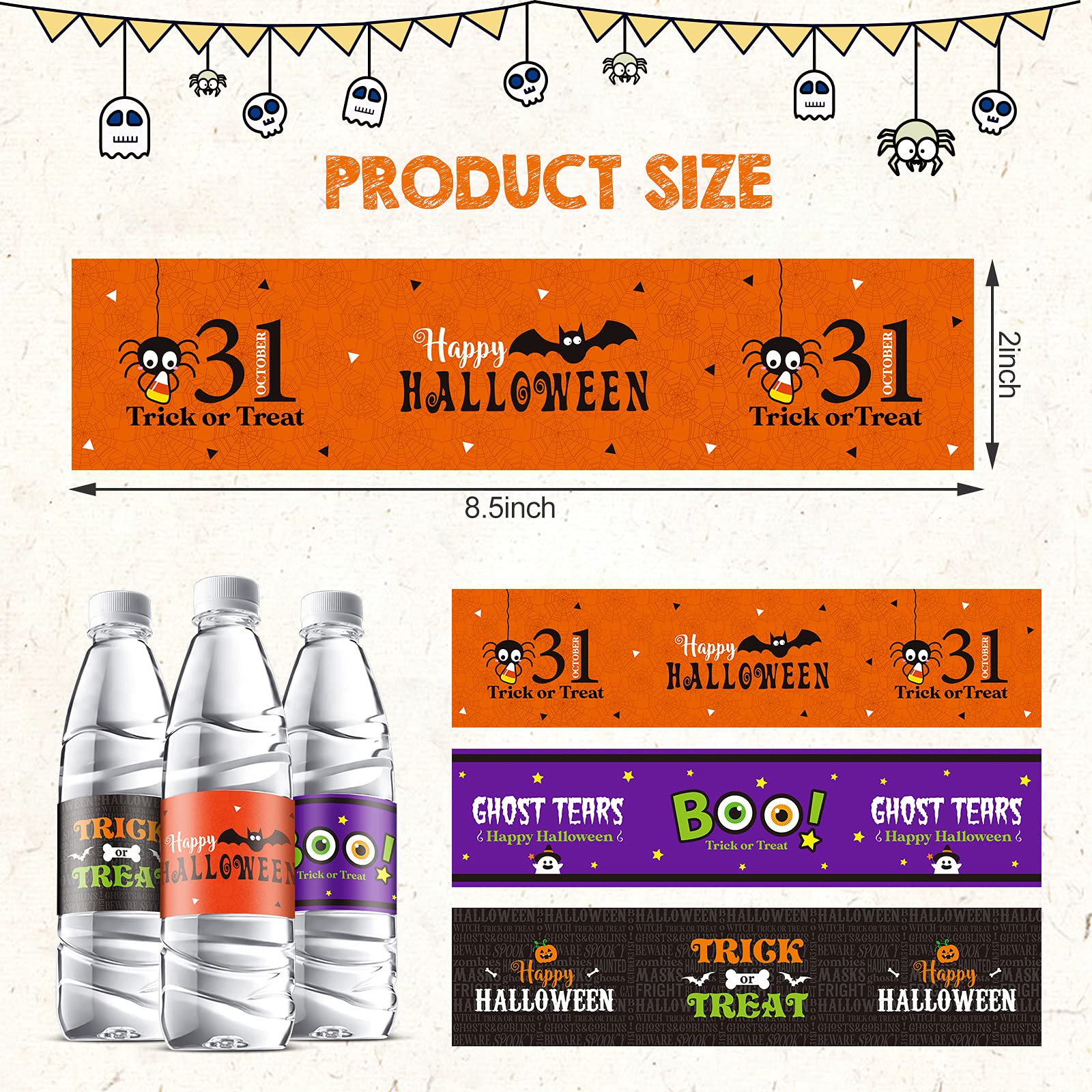 39 Pieces Halloween Water Bottle Labels Waterproof Water Bottle Sticker Wrappers Pumpkin Wrap Around Labels Trick Or Treat Bottl