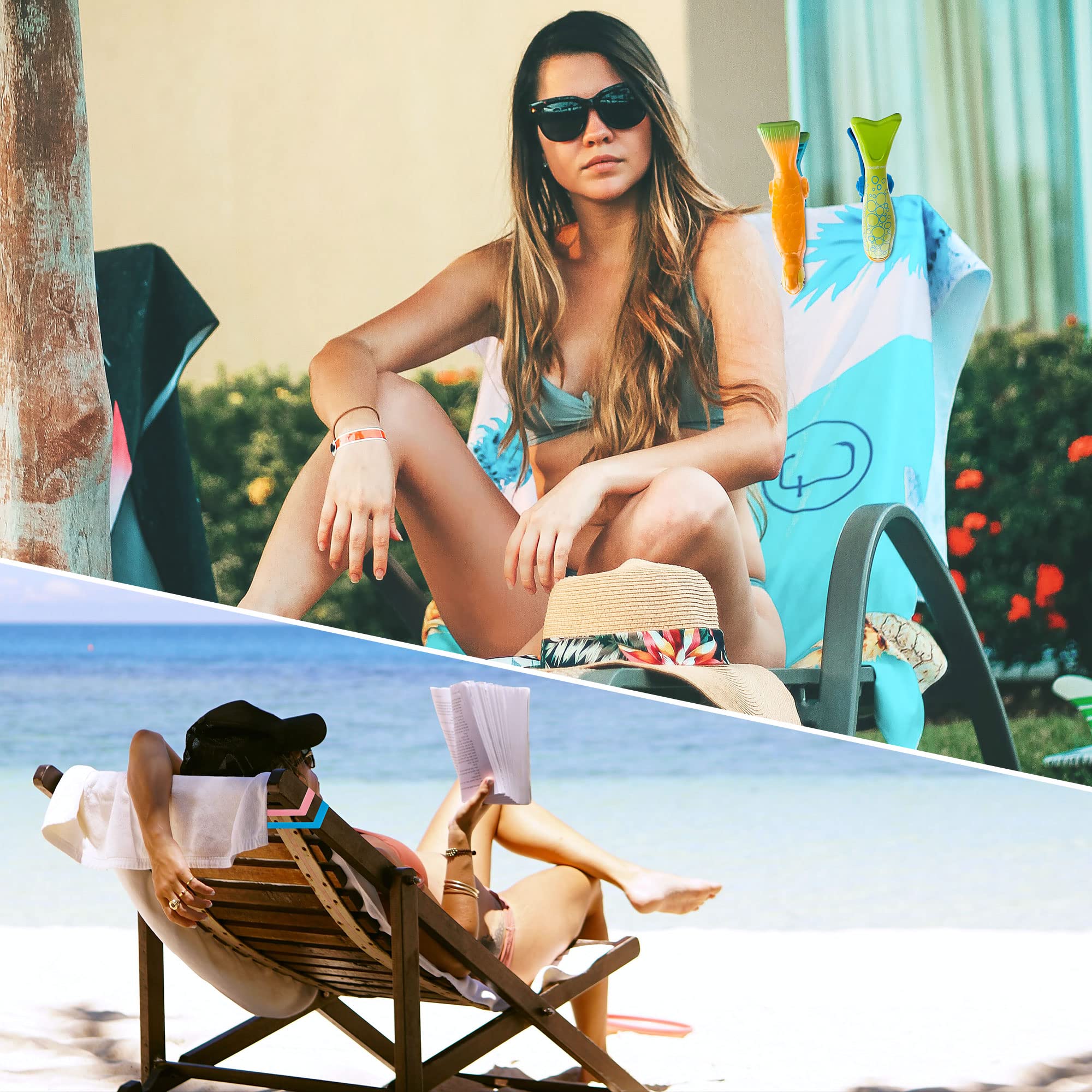 4 Pack Parrot Fish Beach Towel Clips Plus 2 Pack Beach Towel Bands, Towel Holder For Beach Chairs Jumbo Size Windproof Clothespi