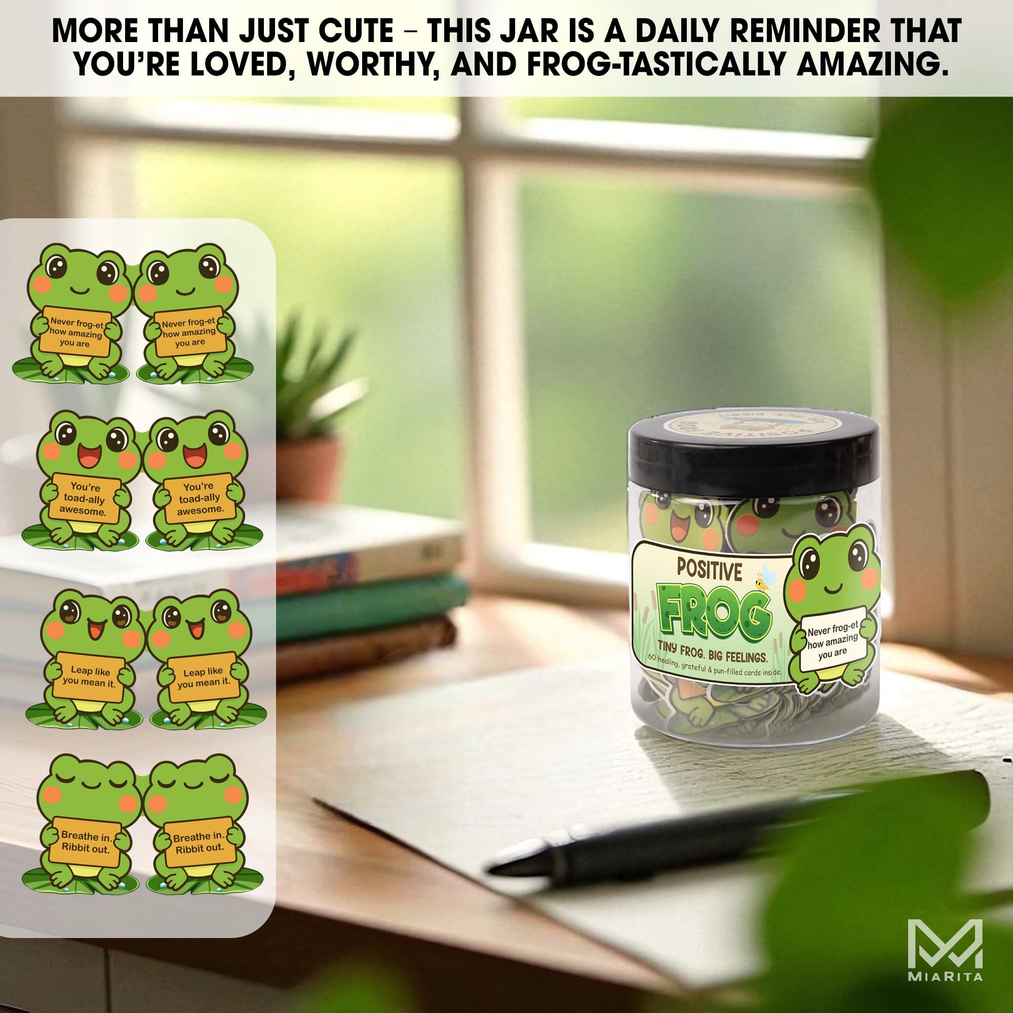 Positive Frog Jar - Cute Thank You Gift, Appreciation Gifts with 60 Uplifting Messages, Funny Emotional Support Frog, Self Care