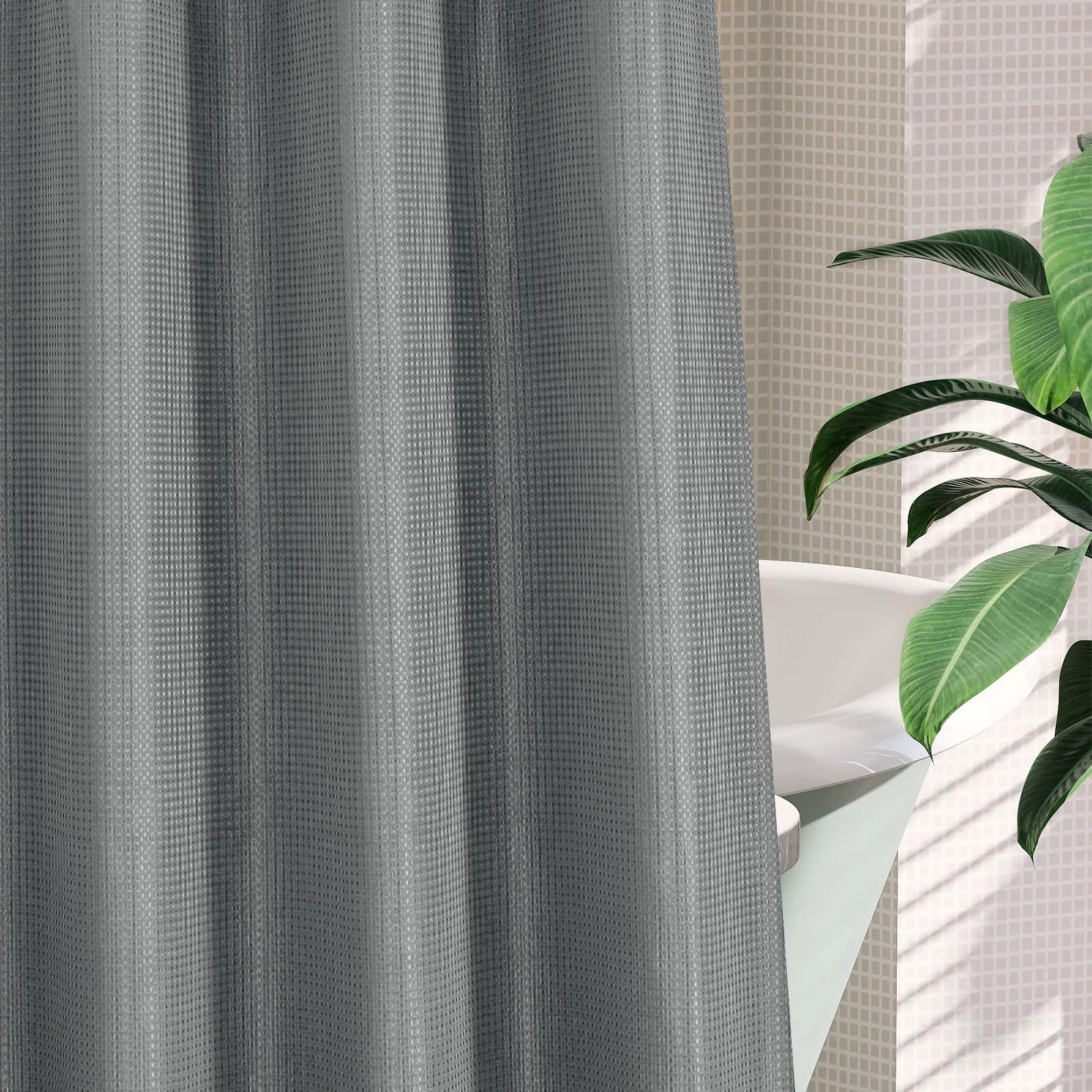 Mitovilla No Hooks Needed Grey Waffle Shower Curtain Set With Snap-In Liner, Modern Waffle Weave Heavy Duty Fabric Cloth Shower