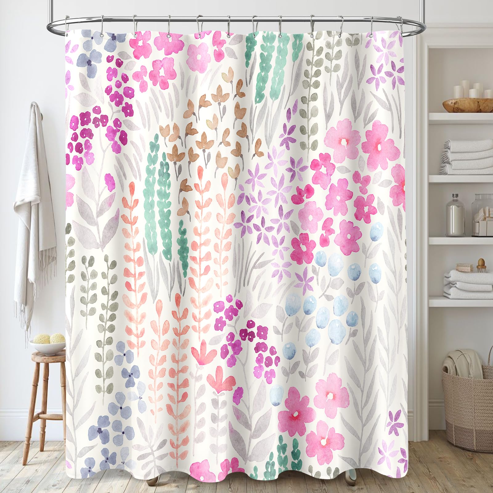 Mayzus Long Shower Curtain 72 X 78 Inch, Tall Cute Floral Shower Curtain For Bathroom, Hot Pink Wildflower Boho Cottagecore Fabr