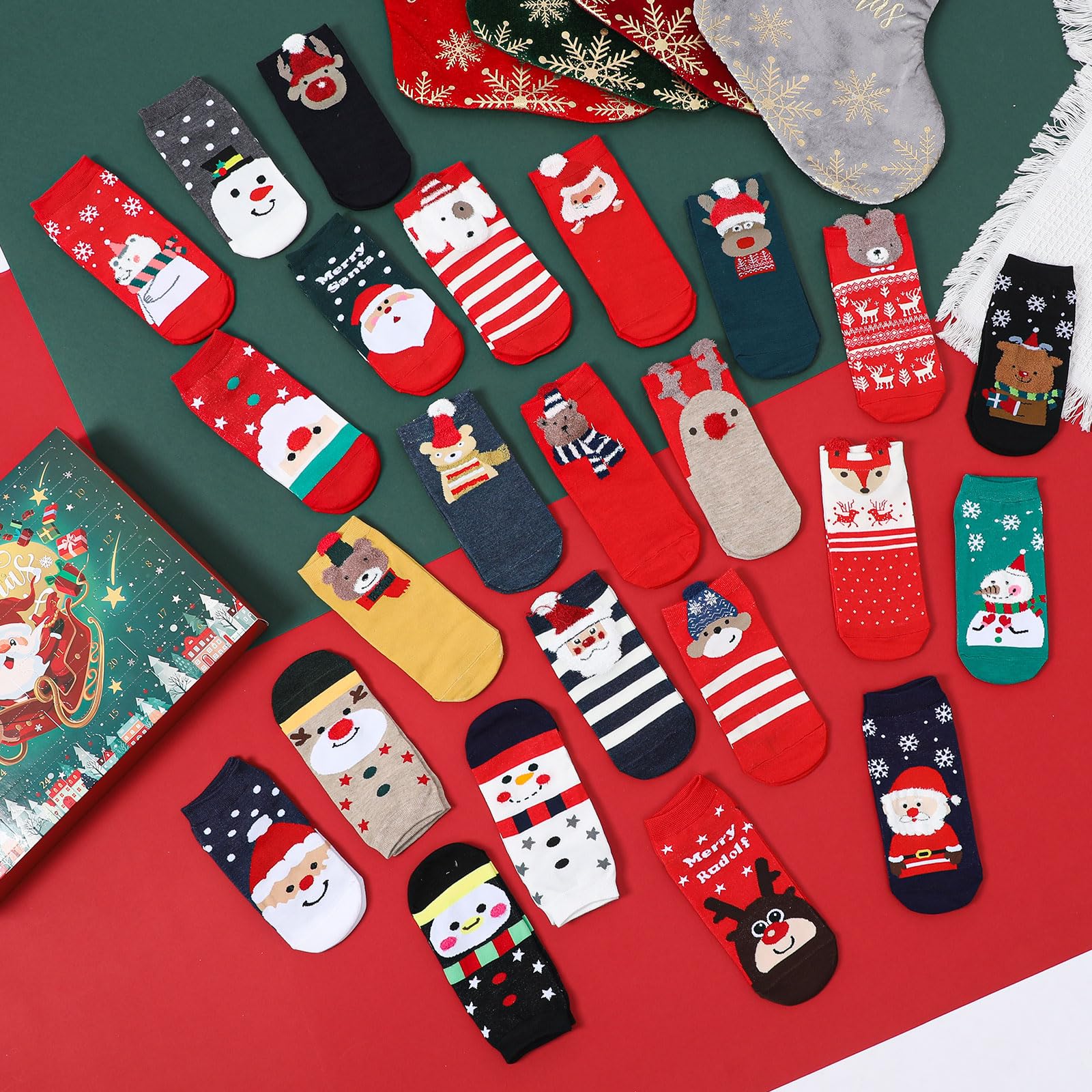 MJartoria Christmas Socks Advent Calendar 2025 Kids -24 Days of Advent Box Socks Christmas Countdown, Santa Elk Snowman Tree Pat