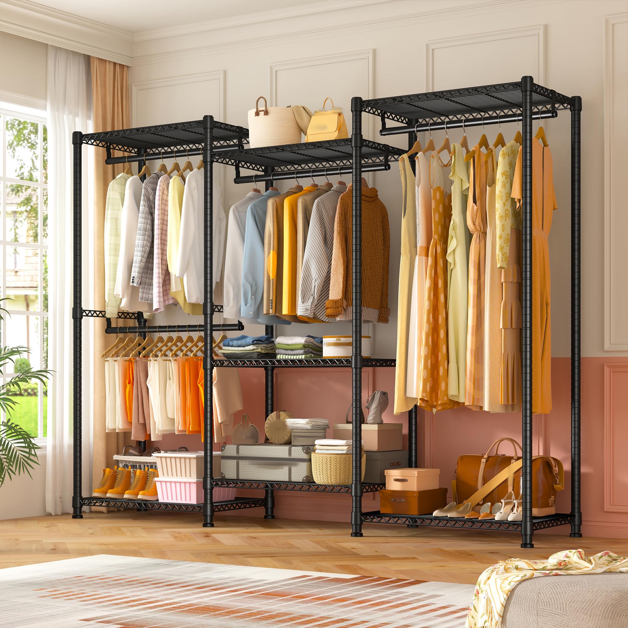 Raybee Clothes Rack Heavy Duty Clothing Rack Load 830Lbs Clothing Racks for Hanging Clothes Metal Garment Rack Portable Clothes Rack Heavy Duty Freestanding Closet Wardrobe 77'' H x69 W x16 D Black