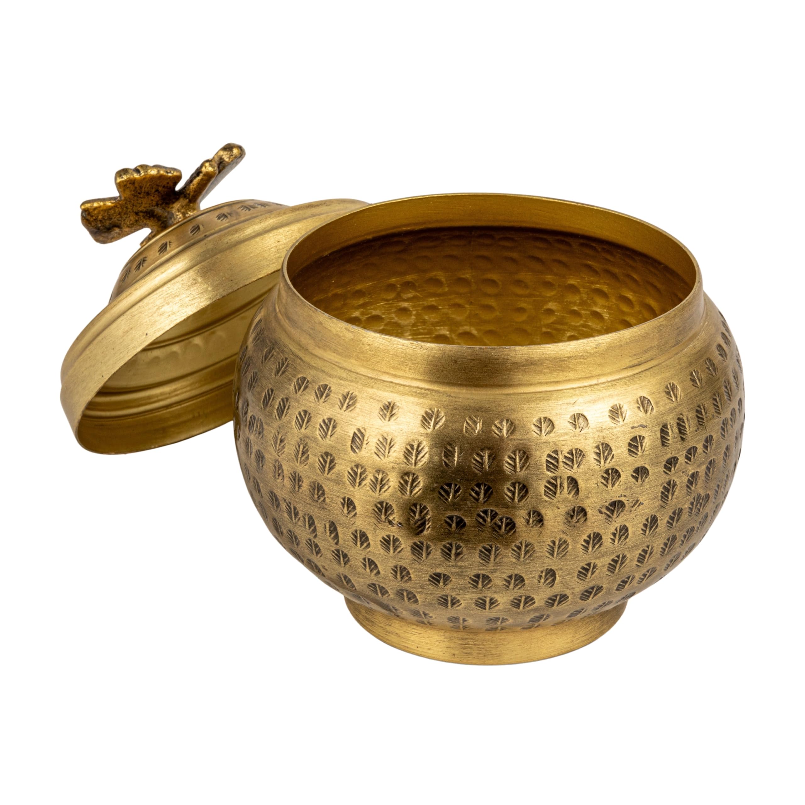 Creative Co-Op Round Hammered Metal Container with Butterfly Finial, Brass Finish