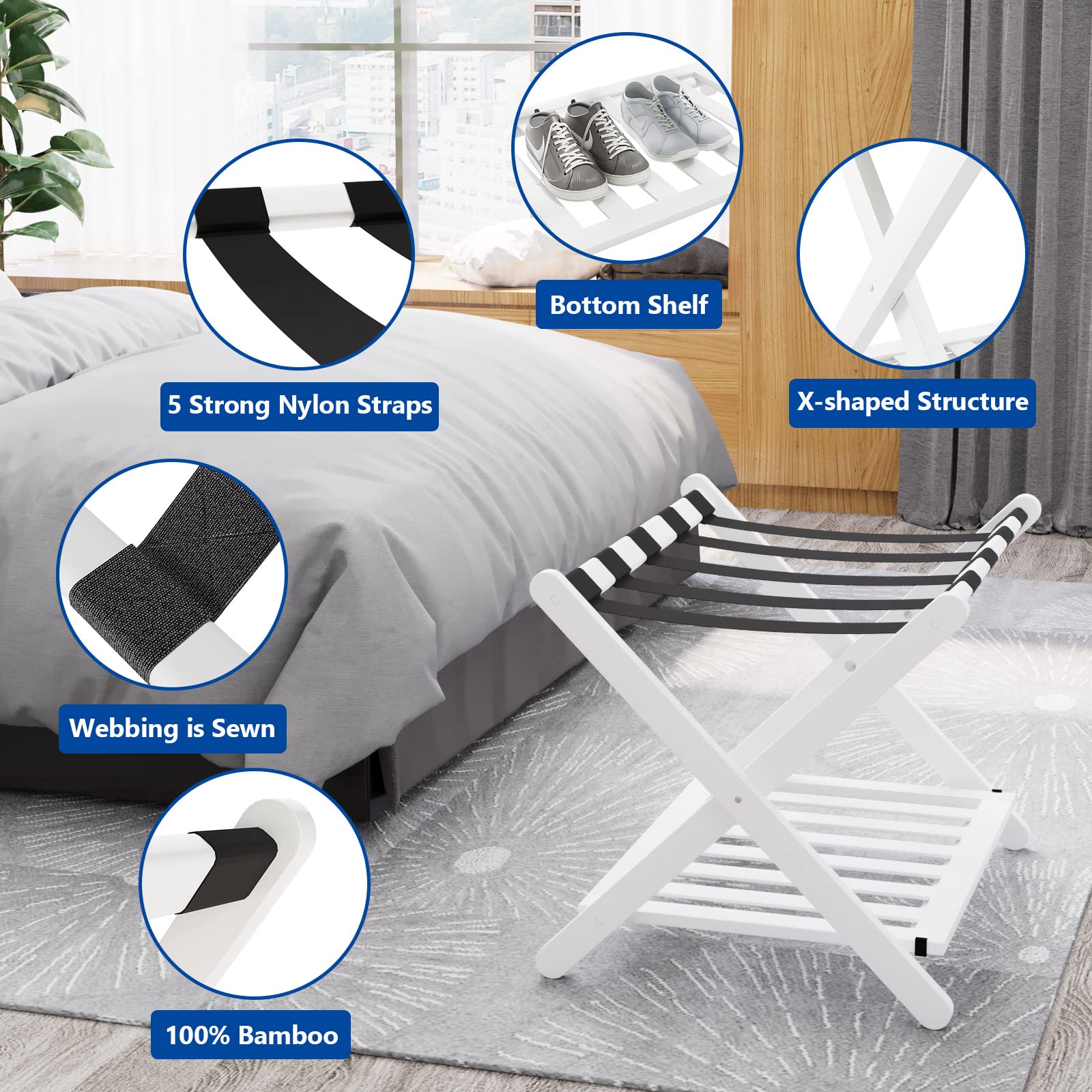 Smuxee Fully Assembled White Luggage Rack Pack Of 2, Bamboo Foldable Suitcase Stand With 5 Nylon Straps, Luggage Holder With She