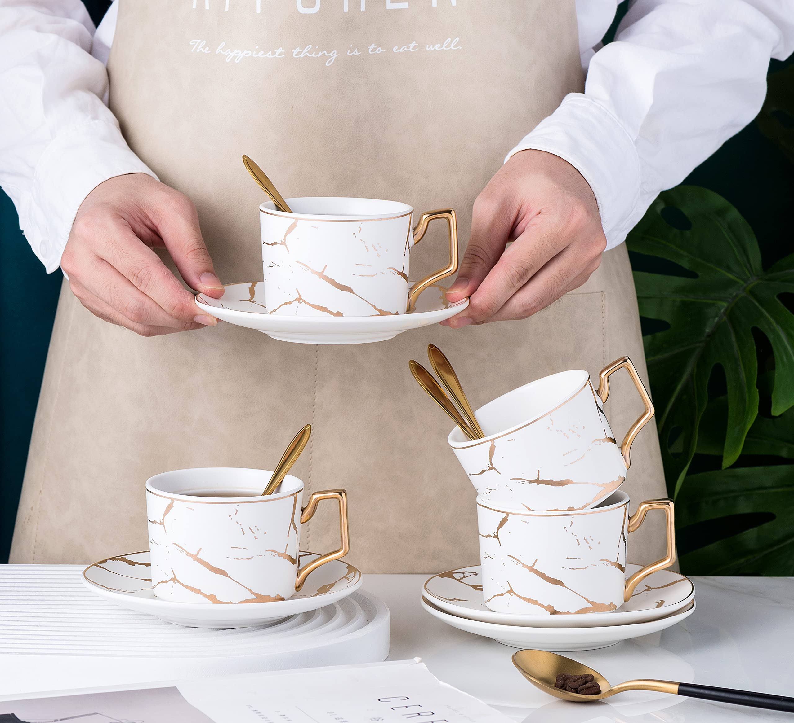 Jusalpha Serve Of 4- Hand Printed Golden Matte Ceramic Marble Tea Coffee/Tea Cups With Spoons And Cup Holder, 7Oz -Tcs26 (White/