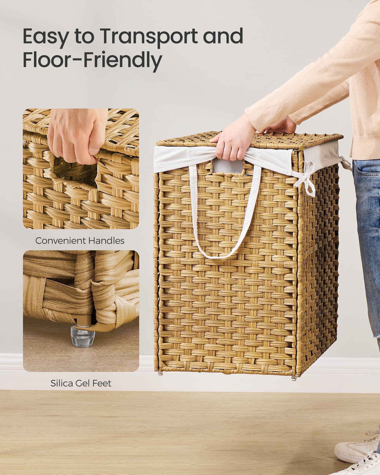 Songmics Laundry Hamper With Lid, 52.8 Gallon (200 L) Synthetic Rattan Clothes Laundry Basket With Lid And Handles, Foldable, Re