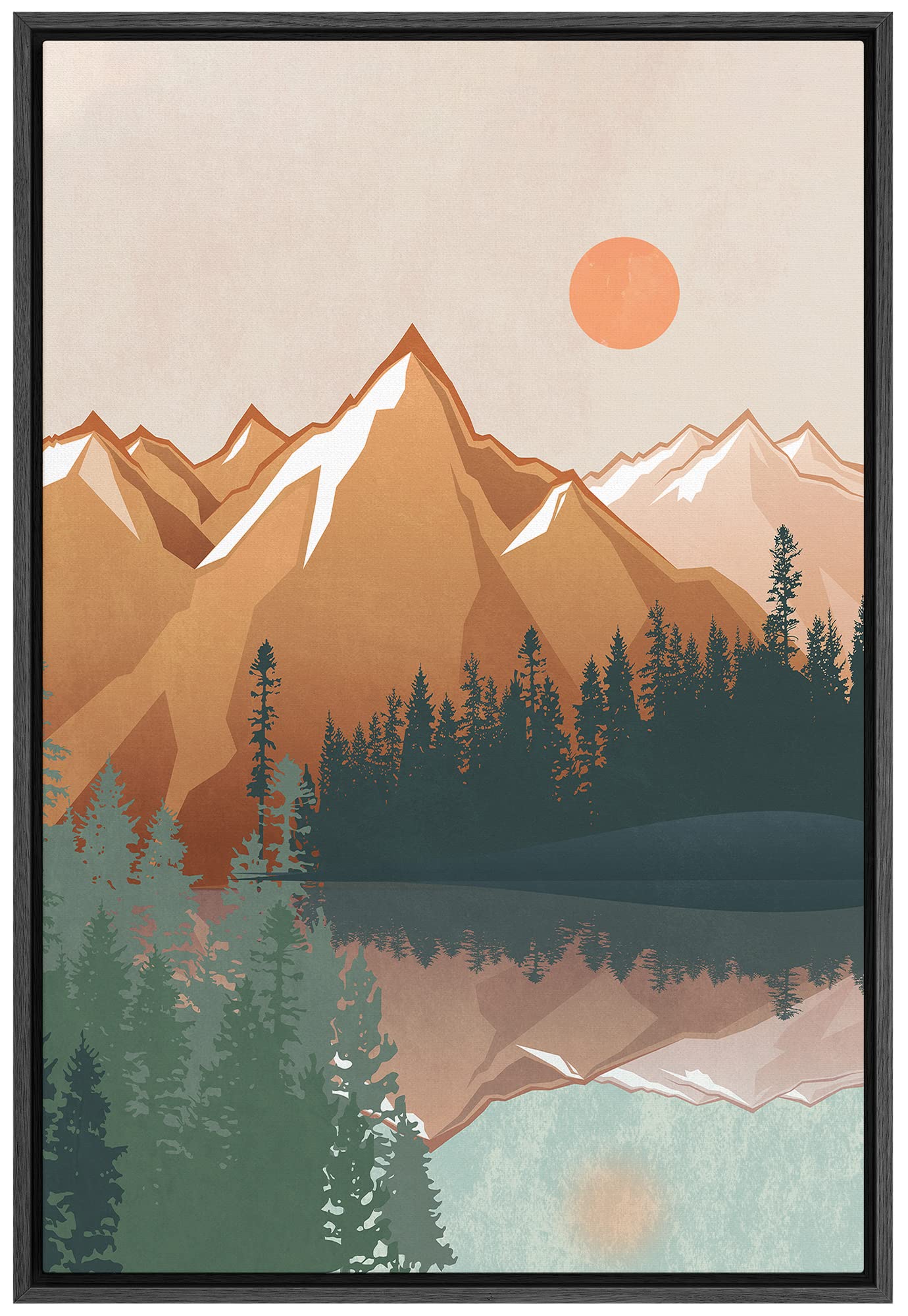 Signford Framed Canvas Print Wall Art Pastel Sunset Mountain Forest Lake Nature Wilderness Illustrations Modern Art Decorative R