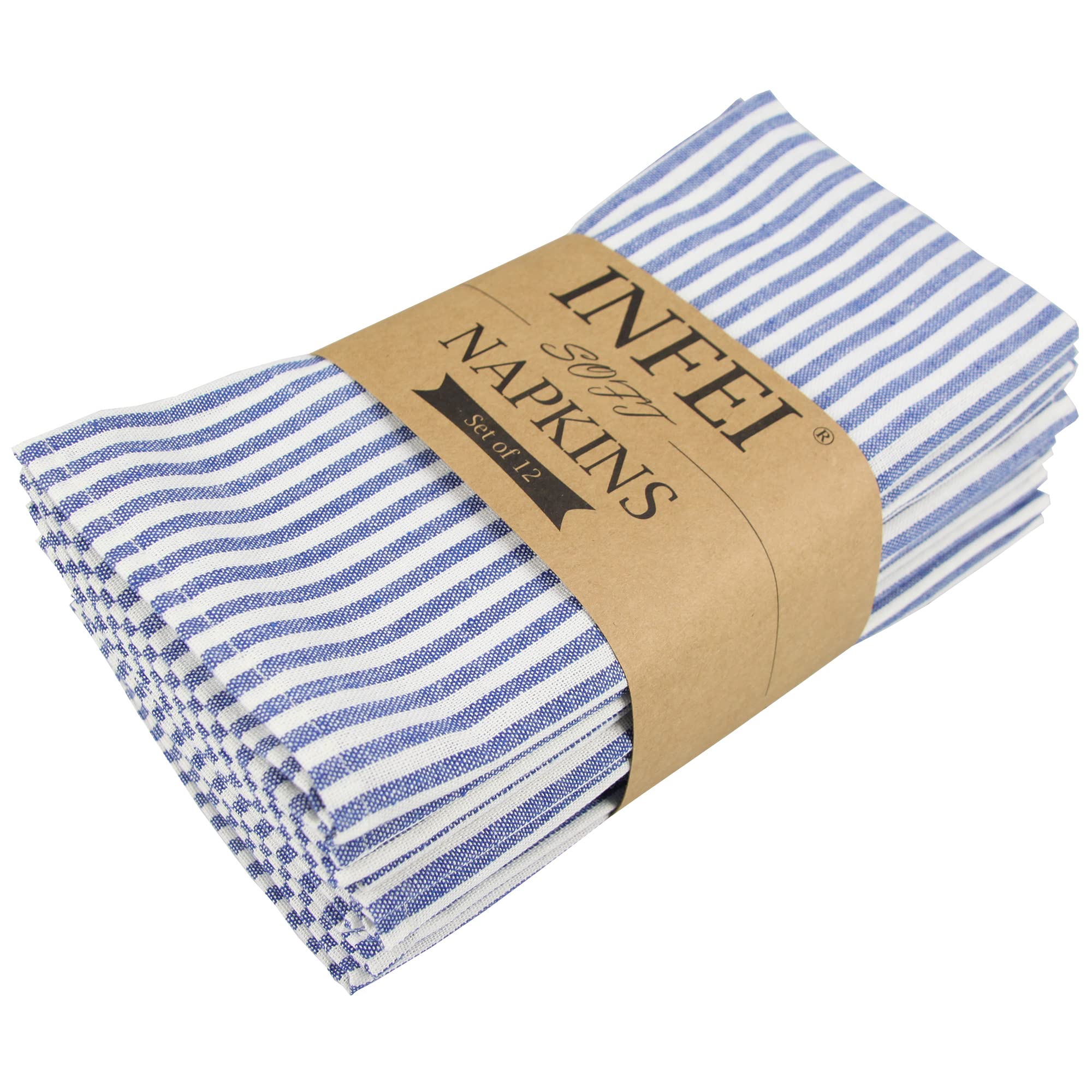 Infei Plain Striped Cotton Linen Blended Dinner Cloth Napkins - Set Of 12 (40 X 30 Cm) - For Events & Home Use (Blue)