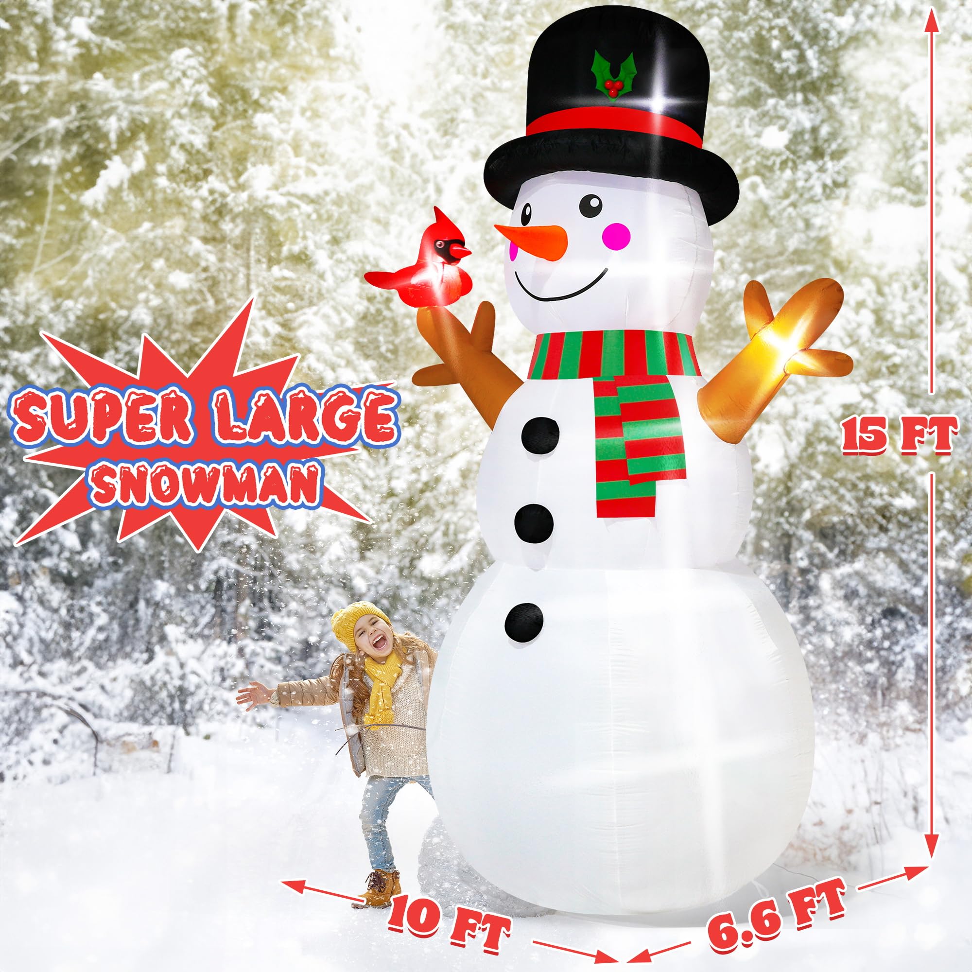 15FT Christmas Snowman, Huge Blow Up Snowman Inflatable Decor, Lighted Xmas Inflatables for Lawn Yard Holiday Party