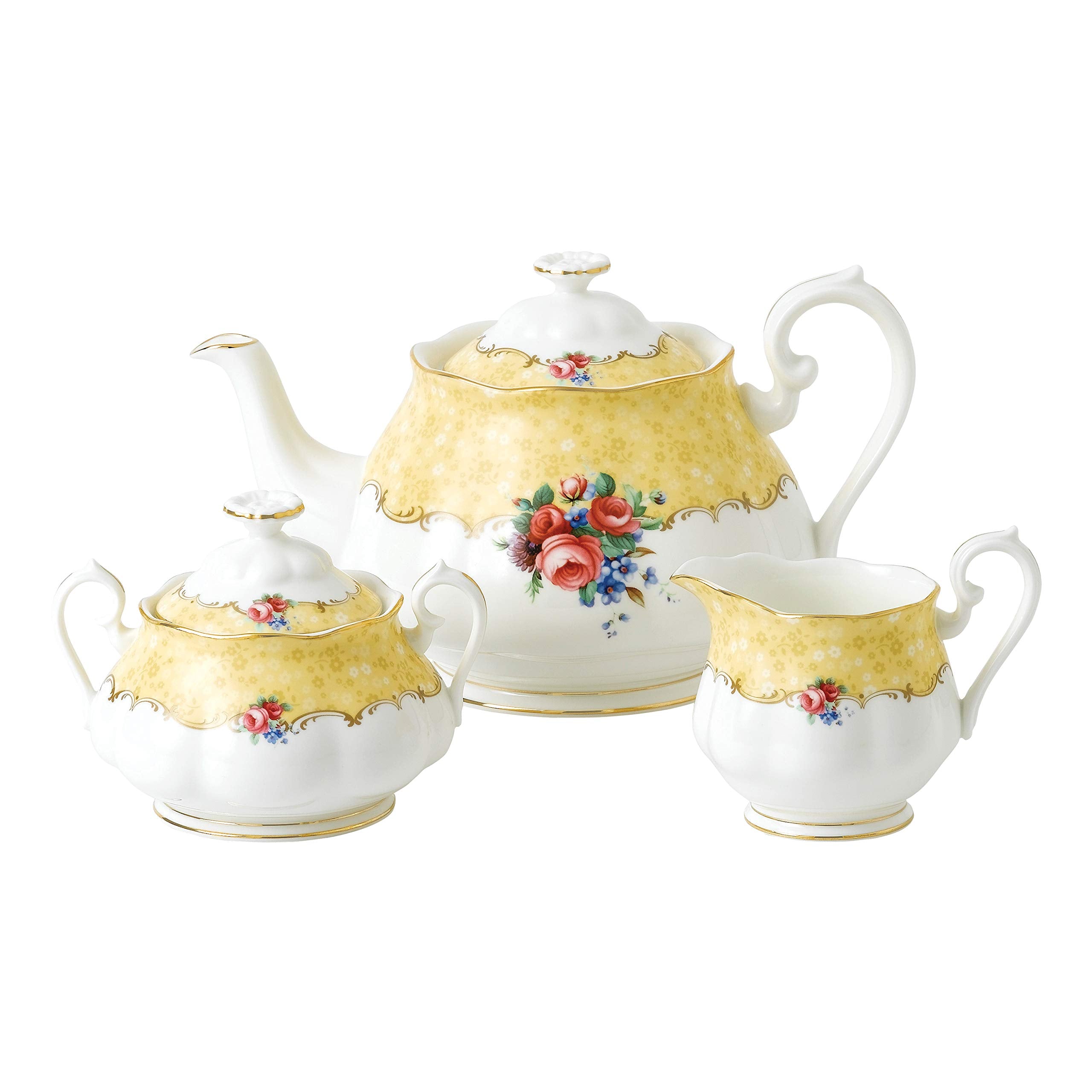 Royal Albert 100 Years 1990 3-Piece (Teapot, Sugar & Creamer) Tea Set, Bouquet