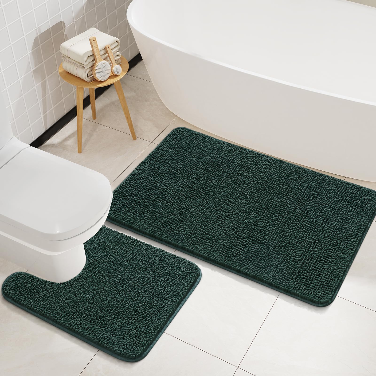 Lochas Bathroom Rugs Sets 2 Piece, Soft Non Slip Bath Mat Set, 20''X20'' U-Shaped Toilet Rug And 34''X21'' Hunter Green Bathroom
