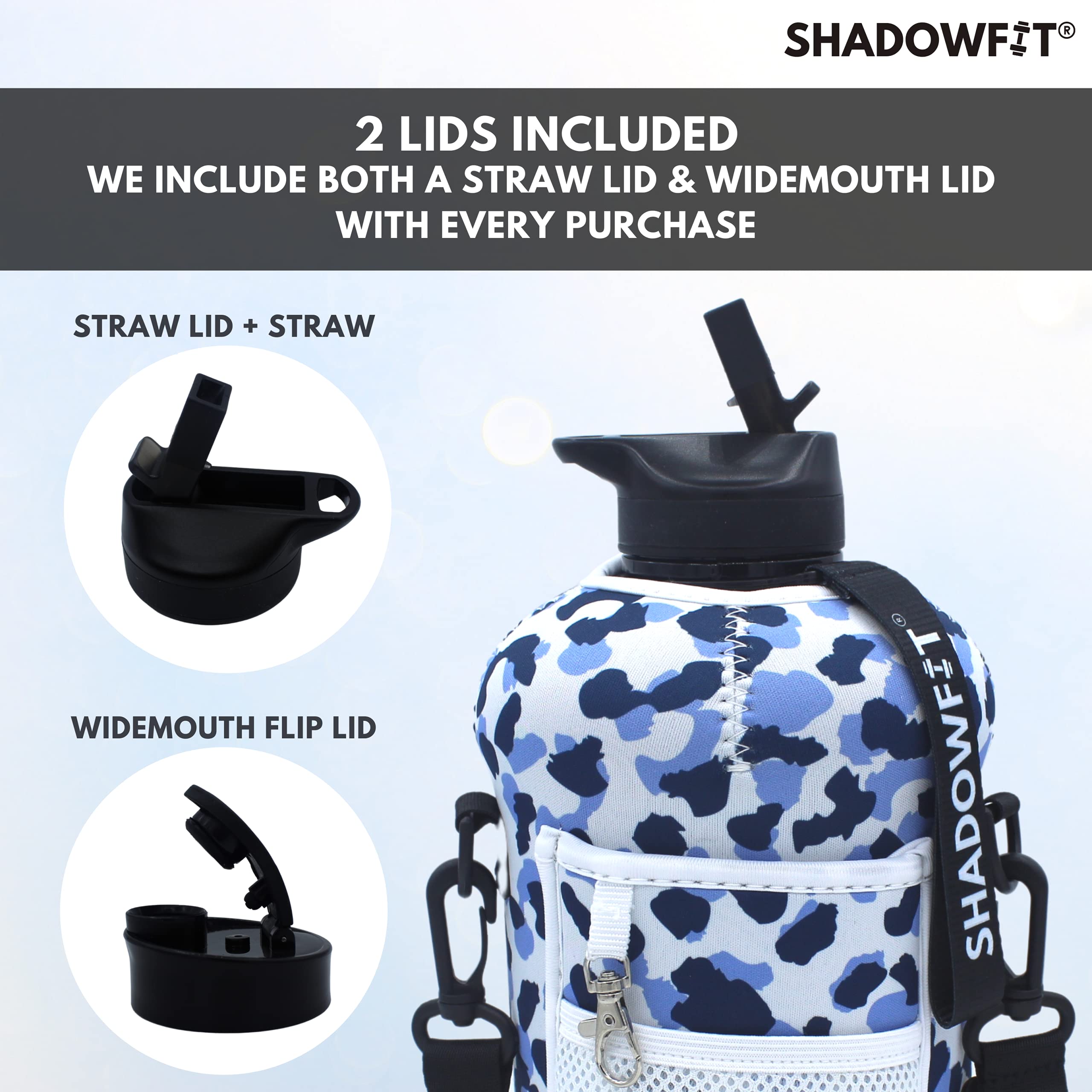 Shadowfit Half Gallon Water Bottles (74 Ounce, 2.2 Liter) With Straw Lid Handle And Storage Sleeve - Large Jug Holder With Strap