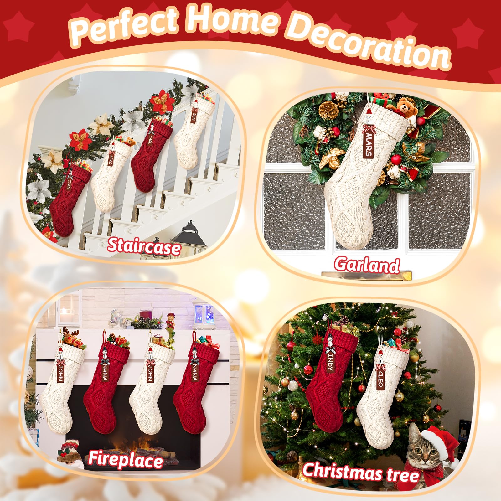 MASHDE Christmas Stocking, 2Pcs Personalized Christmas Stockings with DIY Snowman Name Tags, 18 Inches Large Xmas Knit Stockings