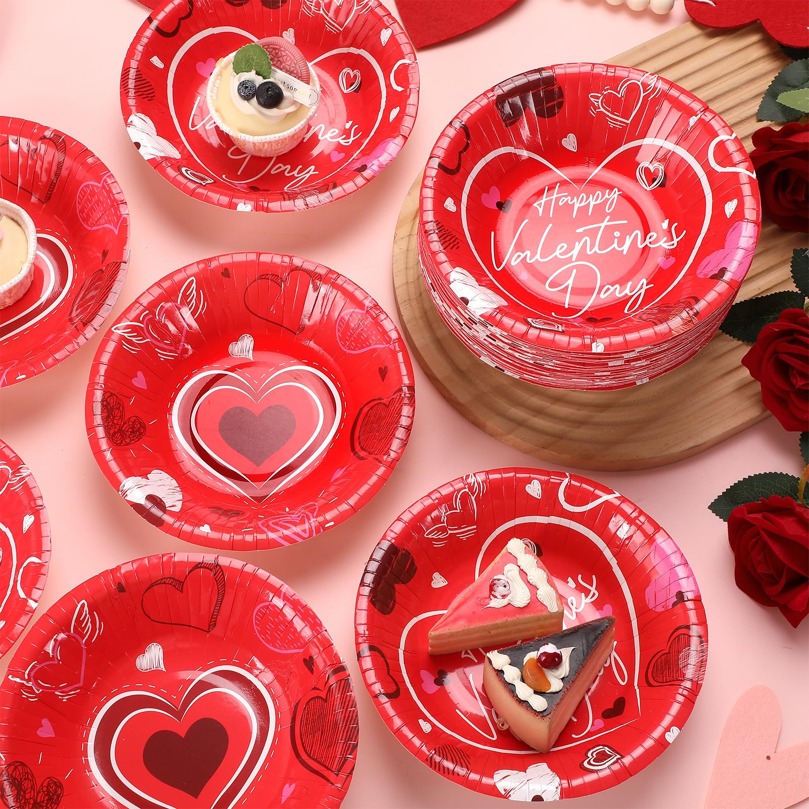 Gisgfim 50 Pcs 16 Oz Valentine'S Day Bowls Party Supplies Disposable Valentine'S Day Snack Bowls Red Heart Paper Dessert Bowls D