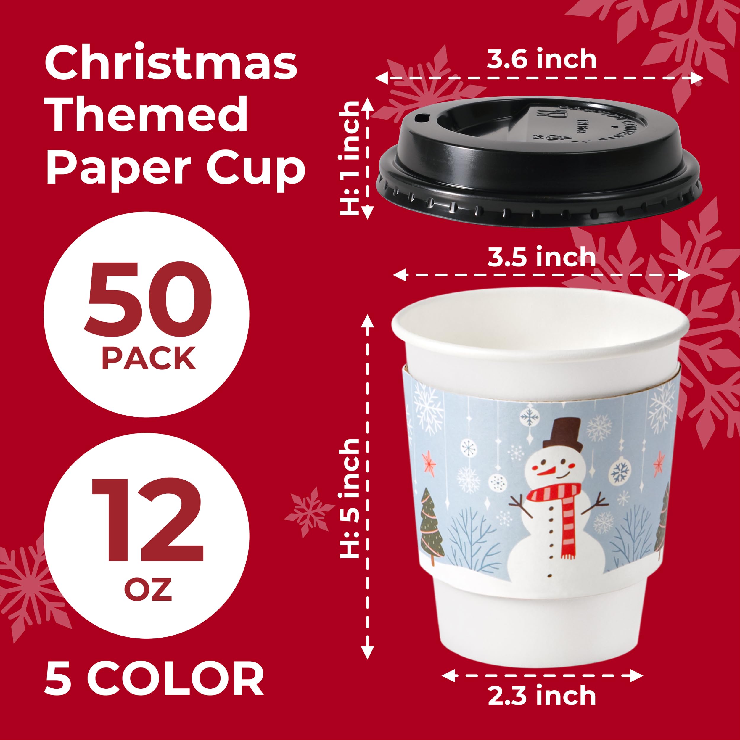 Fit Meal Prep 12 oz Christmas Disposable Coffee Cups with Lids, Leak-Proof Holiday Paper Cups for Hot Beverages, 50 Pack