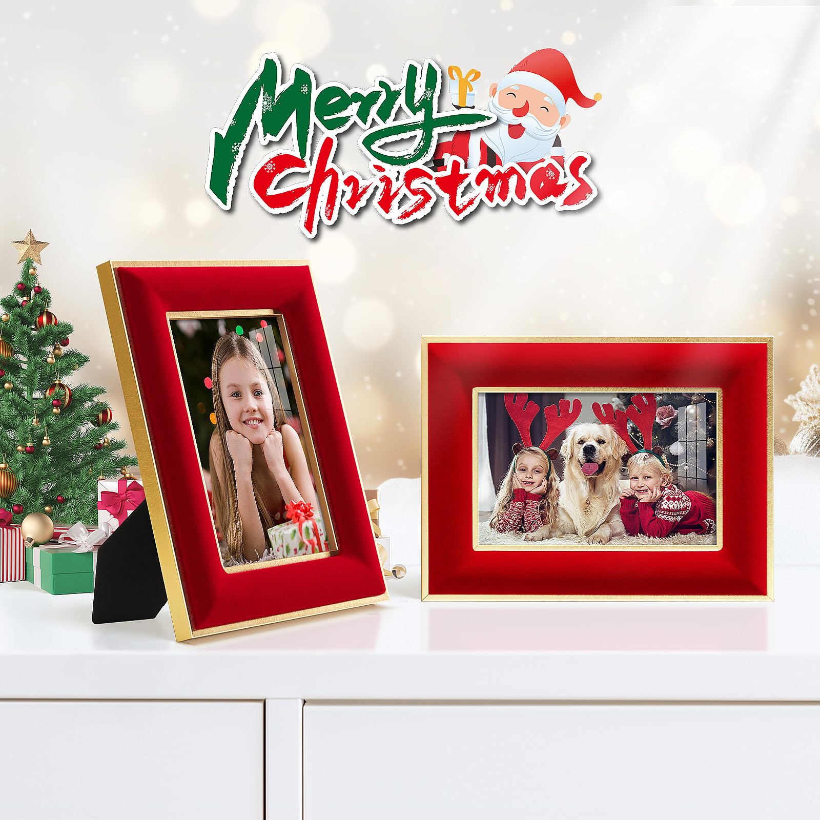 KSROECUD 4x6 Velvet Picture Frame, Red Photo Frames with Modern Simple Metallic Gold Border, HD Real Glass Horizontal & Vertical