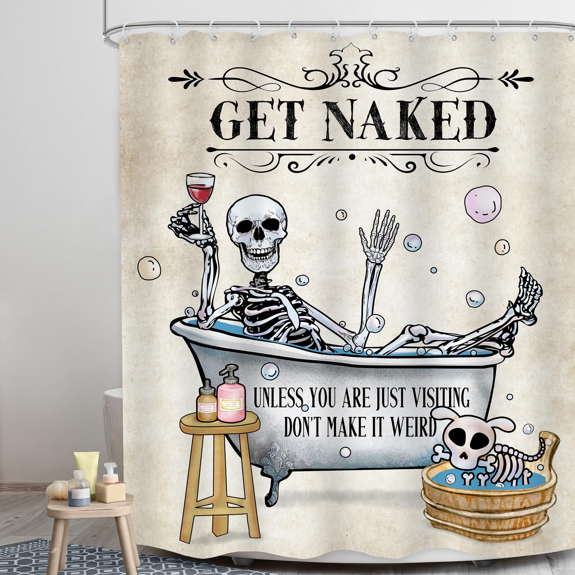 Lghtyro Funny Skull Skeleton Shower Curtain Bathroom Set 60Wx71H Inches Gothic Spooky Halloween Hilarious Bathing In Bathtub Bub