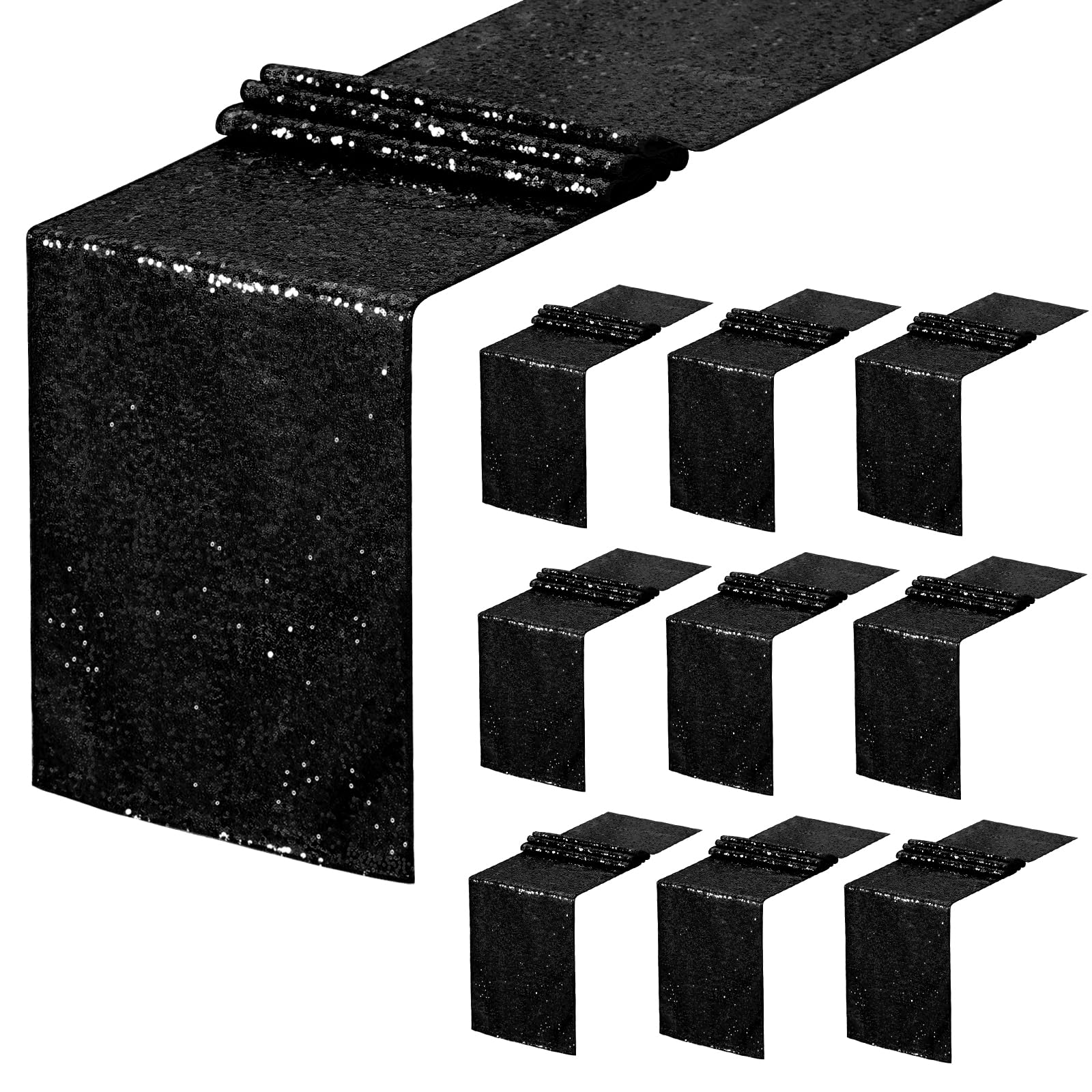 Black Table Runners Sparkly Halloween Table Runner 10 Packs 12X108 Inches Glitter Sequin Fabric For Birthday Party Holiday Suppl