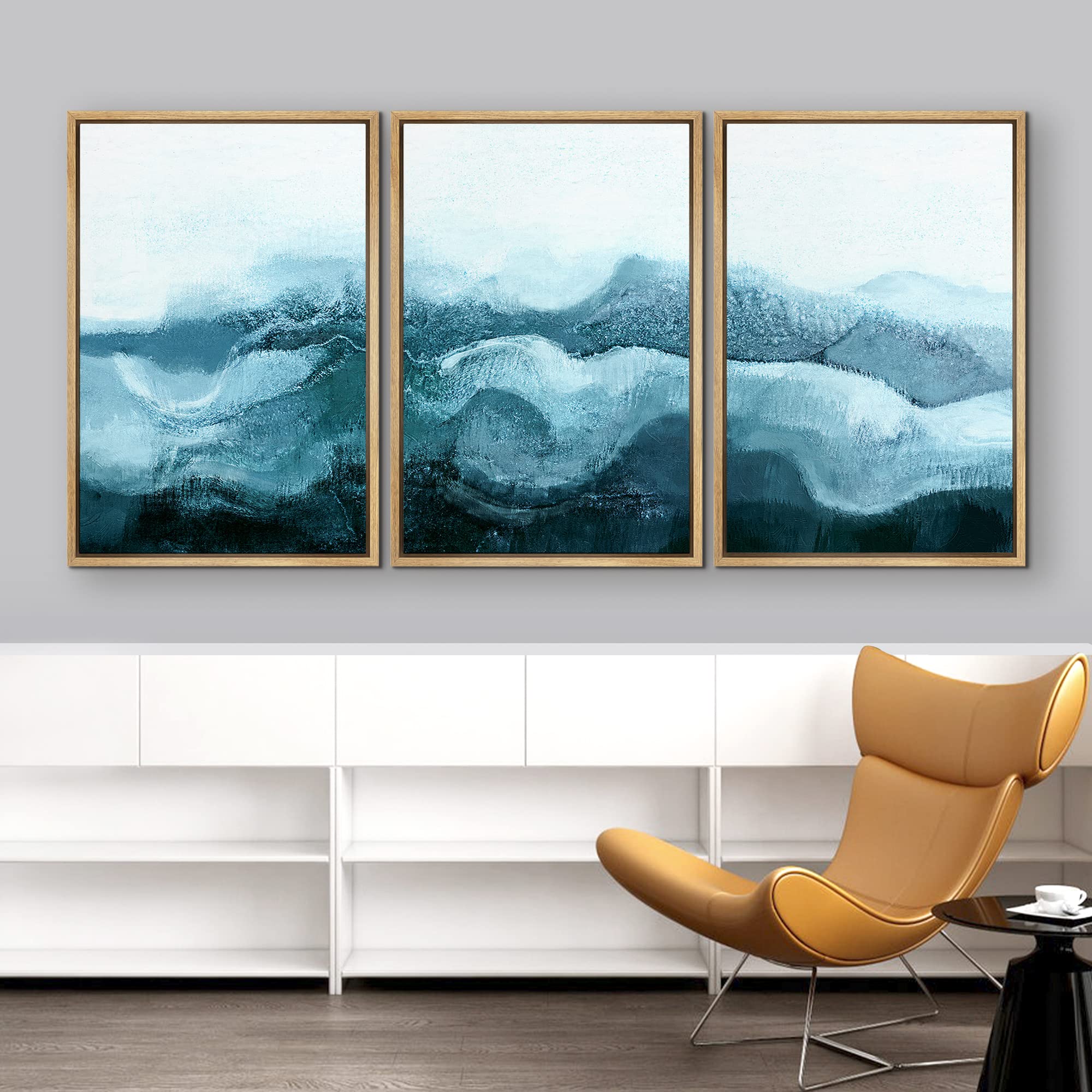 Nwt Framed Canvas Print Wall Art Set Blue White Minimal Winter Cloud Mountain Abstract Wilderness Illustrations Art Rustic Sceni