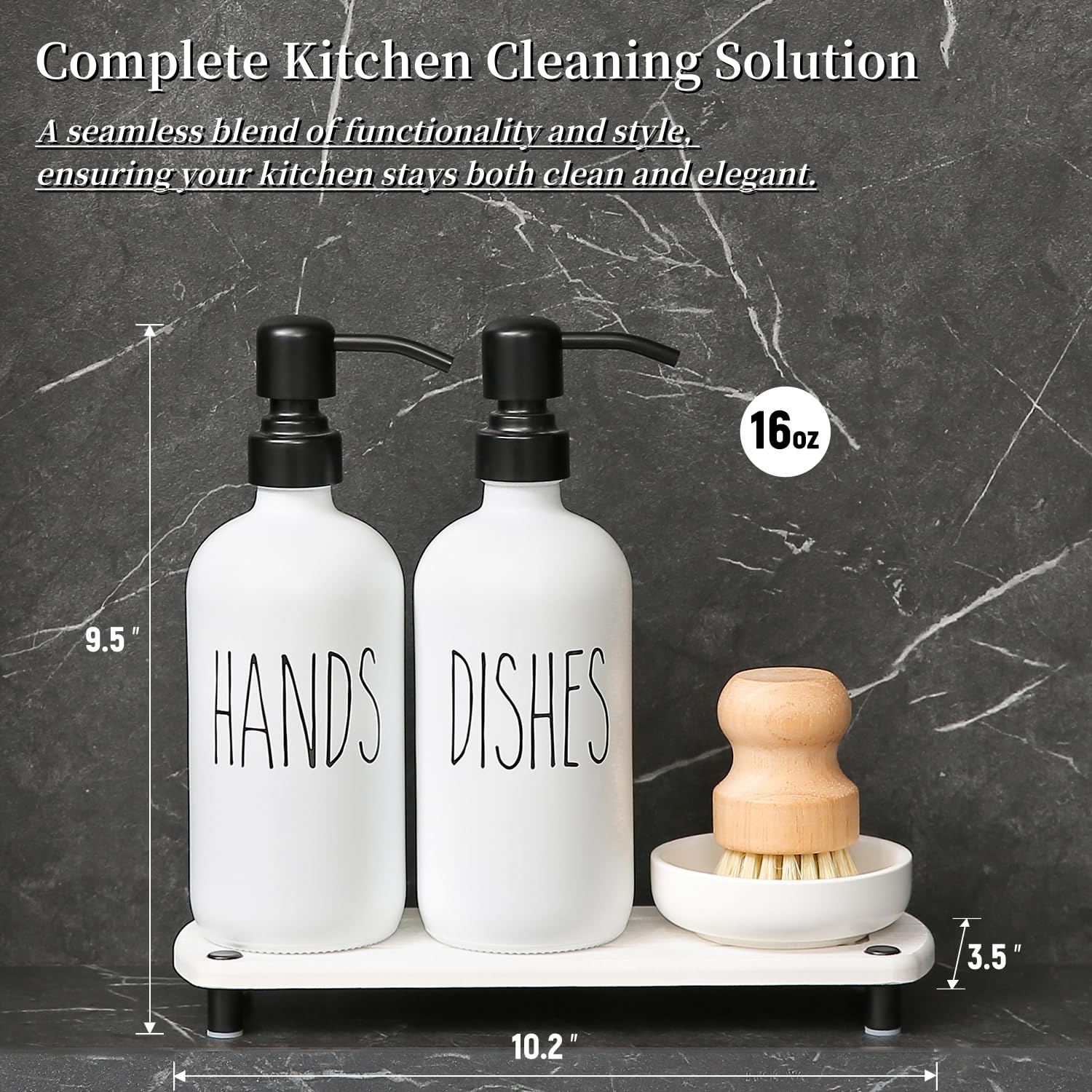 Momeemo White Soap Dispenser Set Comes With Stainless Steel Pumps, Instant Dry Tray, And Dish Scrub Brush, Suitable For Kitchen