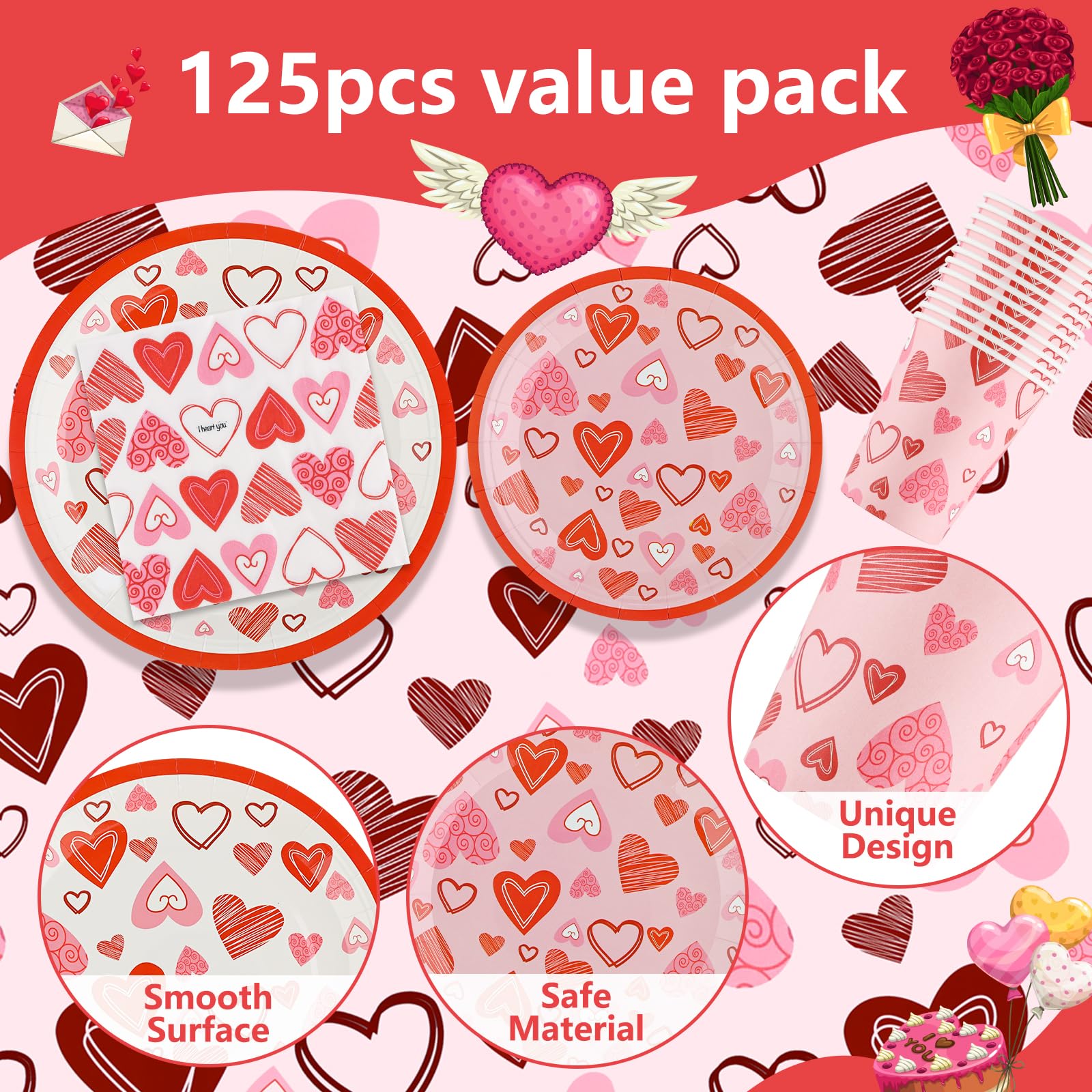 Arosche Valentines Day Decorations Party Supplies Set For 25-Disposable Paper Plates, Napkins, Cups, Tablecloth & Garlands Happy