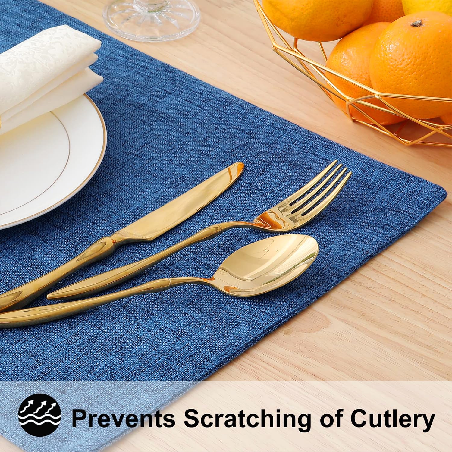 Homing Navy Blue Cotton Linen Blend Placemats For Dining Table Set Of 6 - Washable Farmhouse Kitchen Mats For Indoors & Outdoors