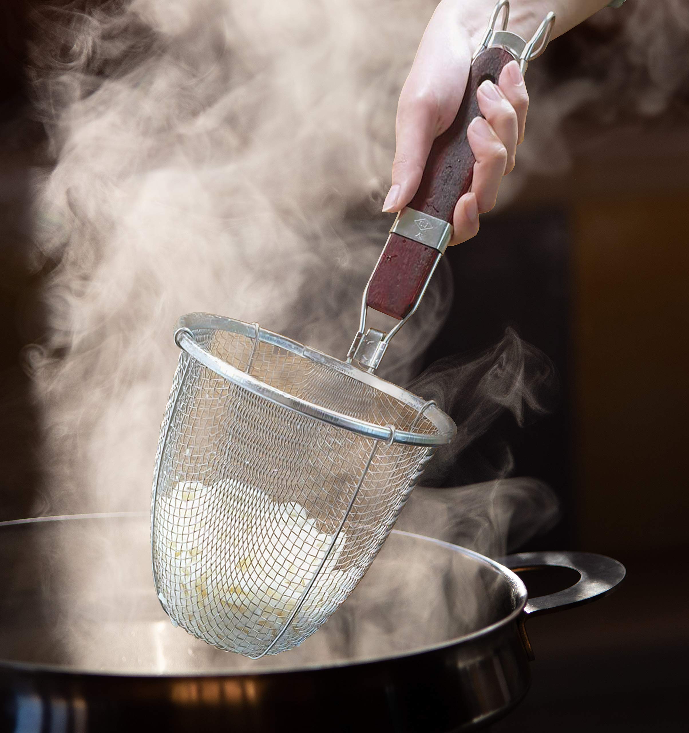 2-Pack Stainless Steel Noodle Strainer Basket With Wood Handle - G+ Life Kitchen Spider For Pasta, Ramen, Dumplings, And Deep-Fr