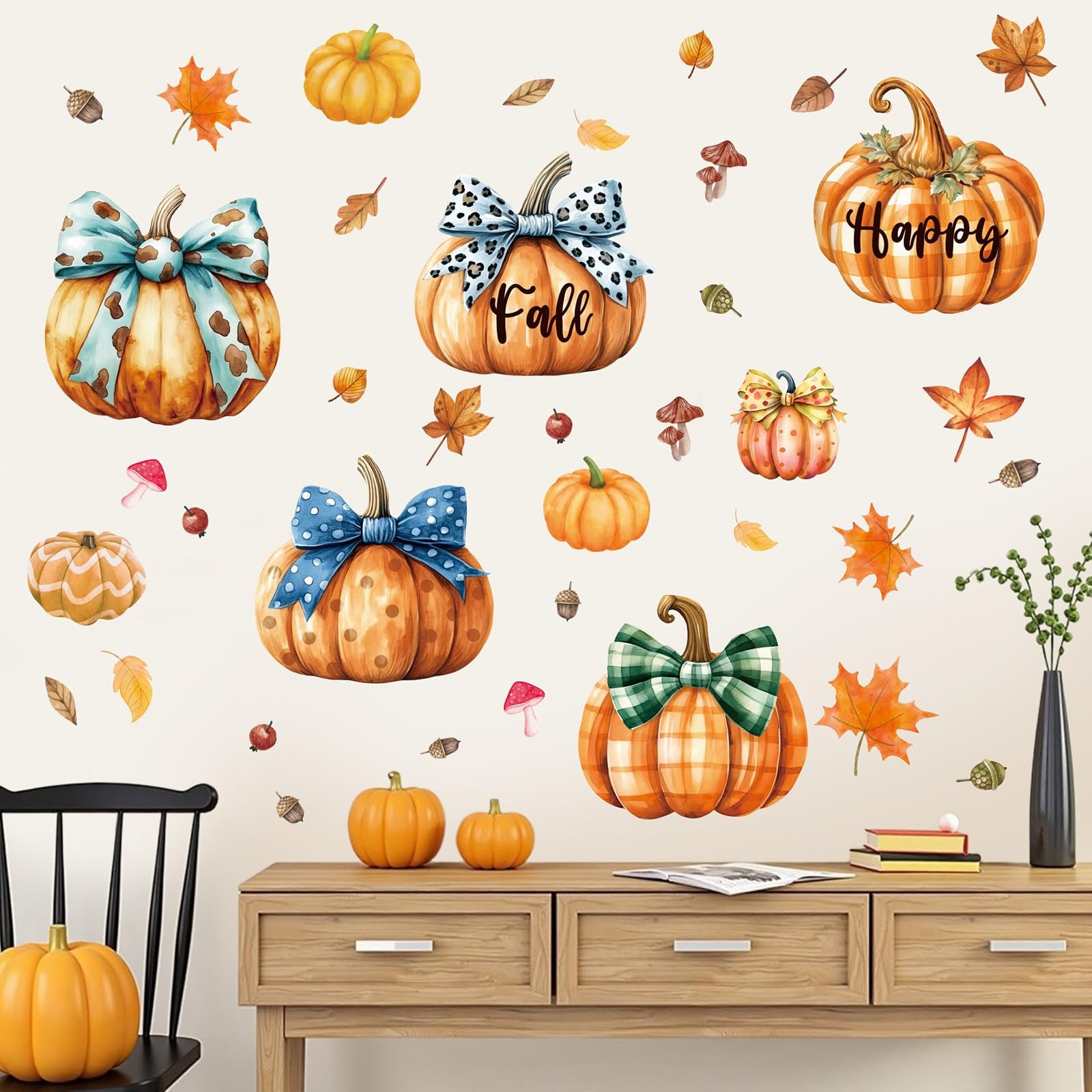 Ausril Happy Fall Window Clings,Maple Leaves Pumpkins Wall Decals,Fall Pumpkin Window Stickers,Autumn Harvest Decals for Glass,H