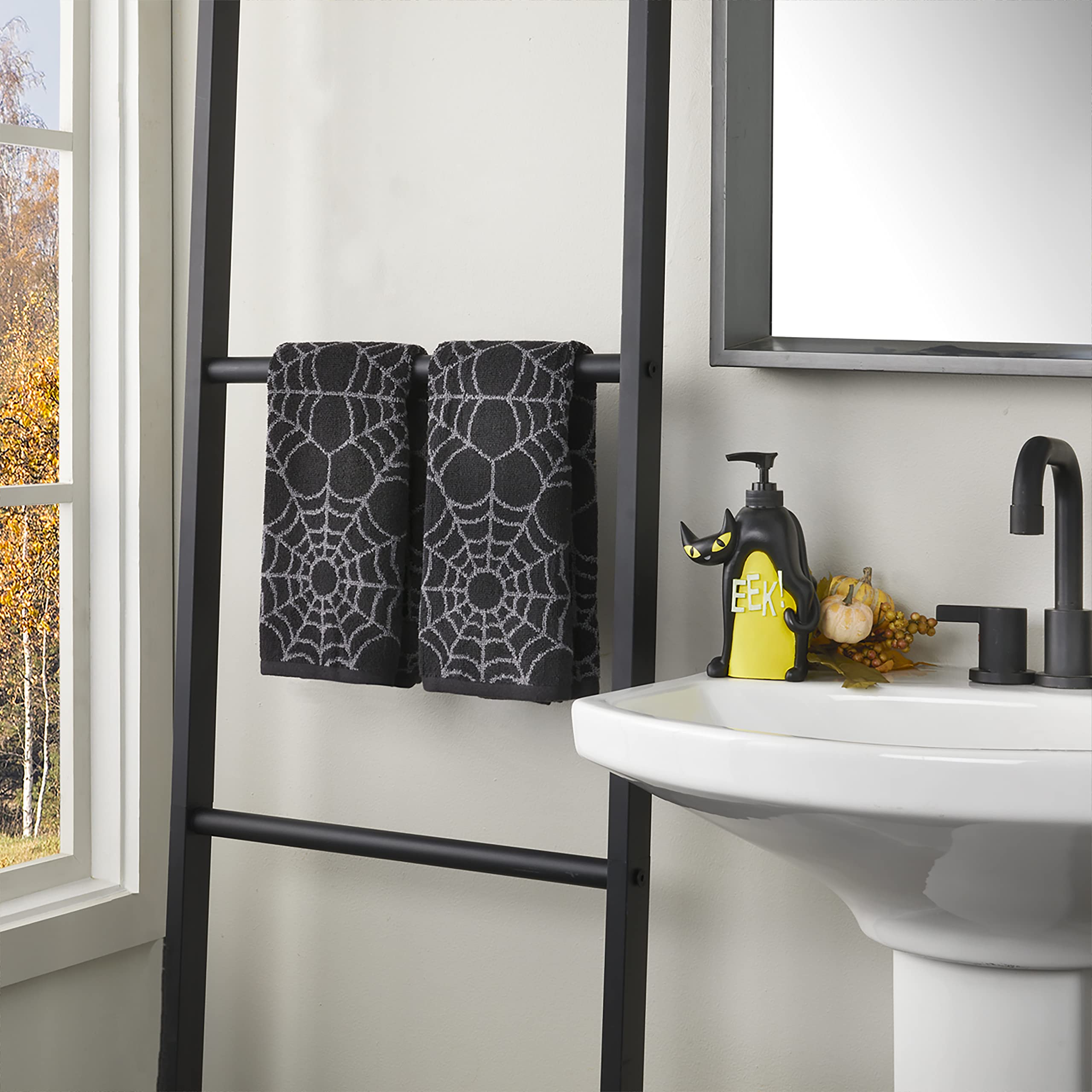 Skl Home Halloween Spider Web Hand Towel 2Pc Set For Bath/Kitchen/Bar & Gift, Black