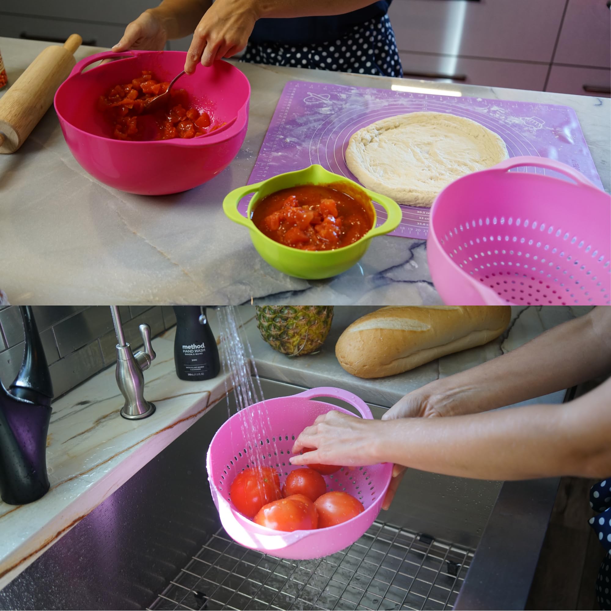 Southern Homewares 5 Piece Compact Nesting Mixing Bowl Colander Sieve Measuring Bowl Juicer Set Stackable Multi-Color