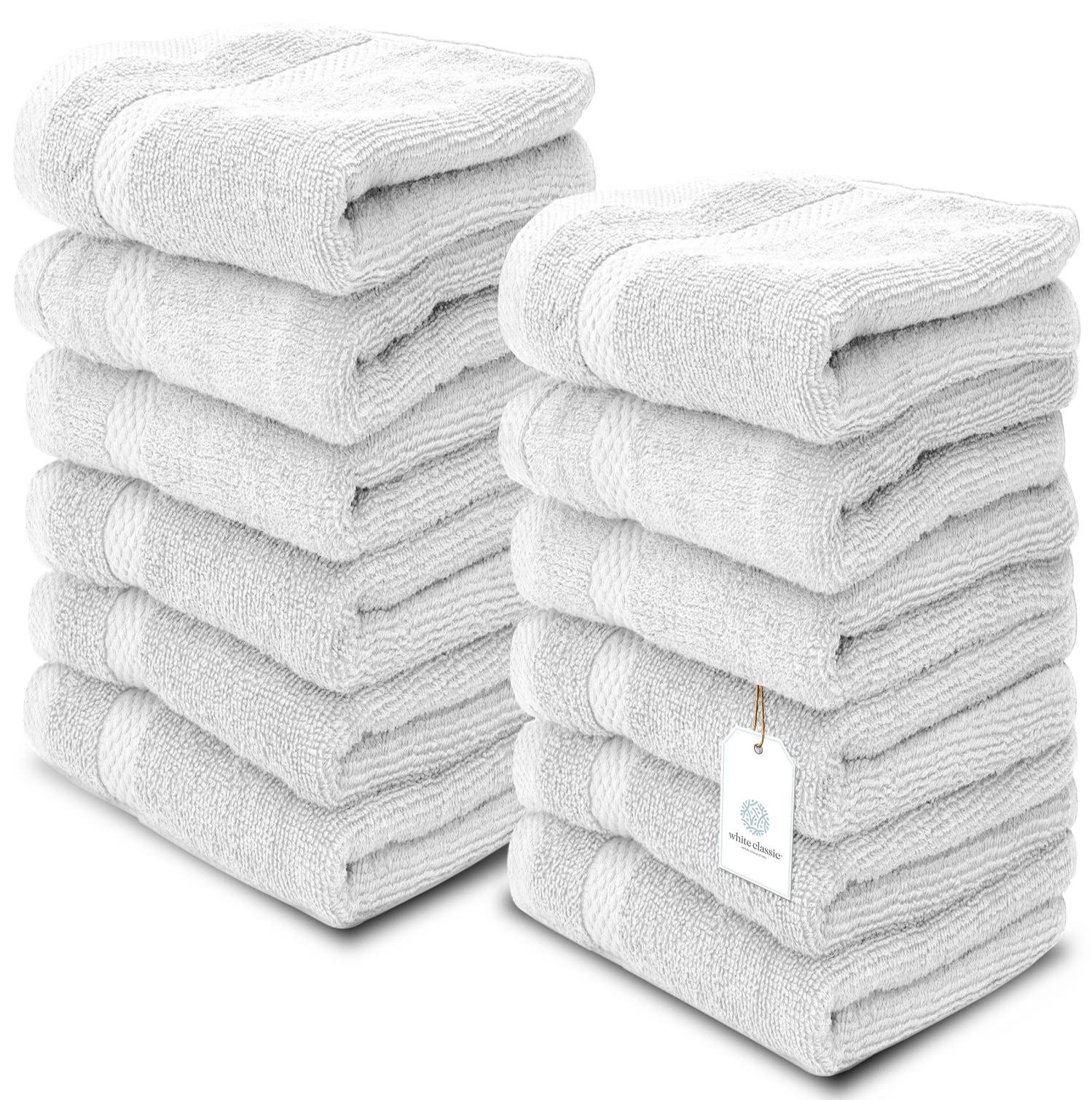 White Classic Luxury Cotton Washcloths - Large Hotel Spa Bathroom Face Towel | 12 Pack | Silver